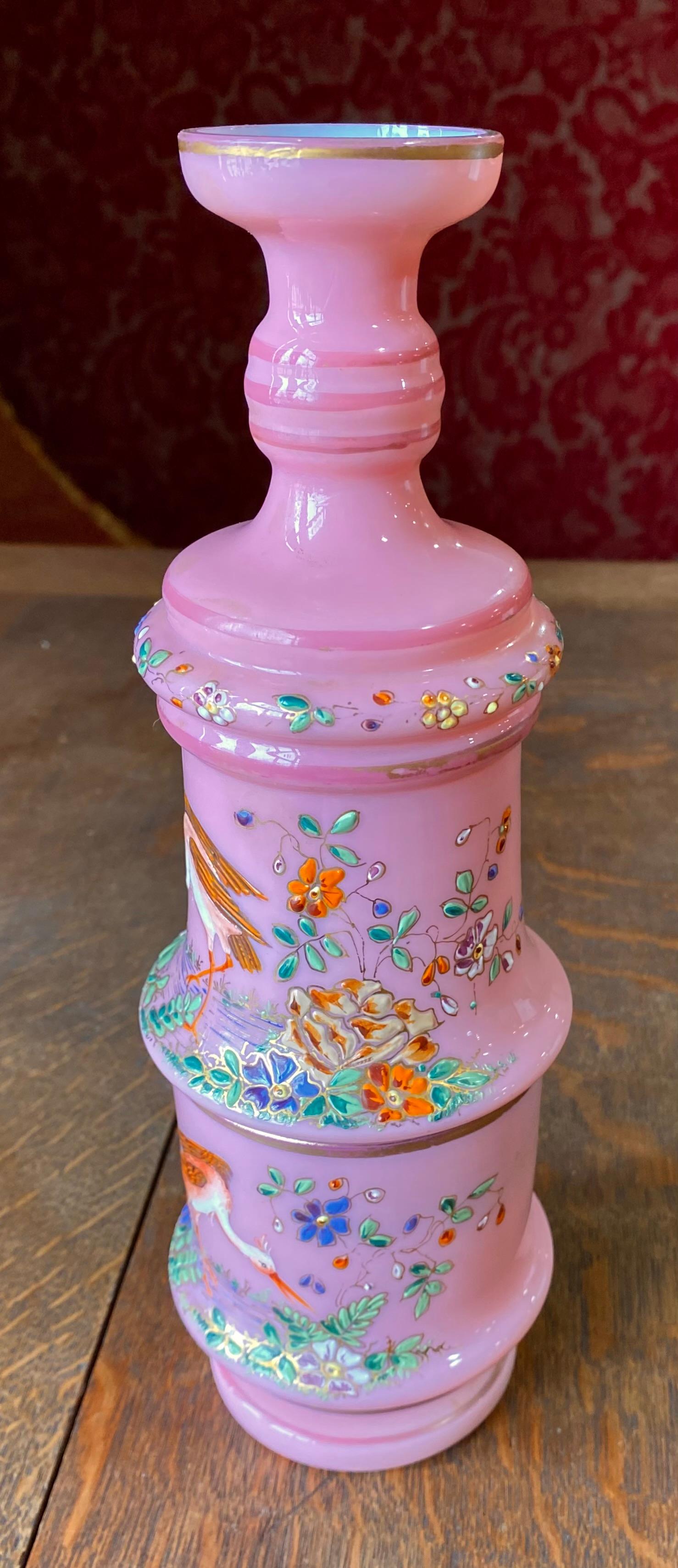 Antique 19th Century Moser Bohemian Pink Opaline Enameled Bedside Carafe For Sale 9