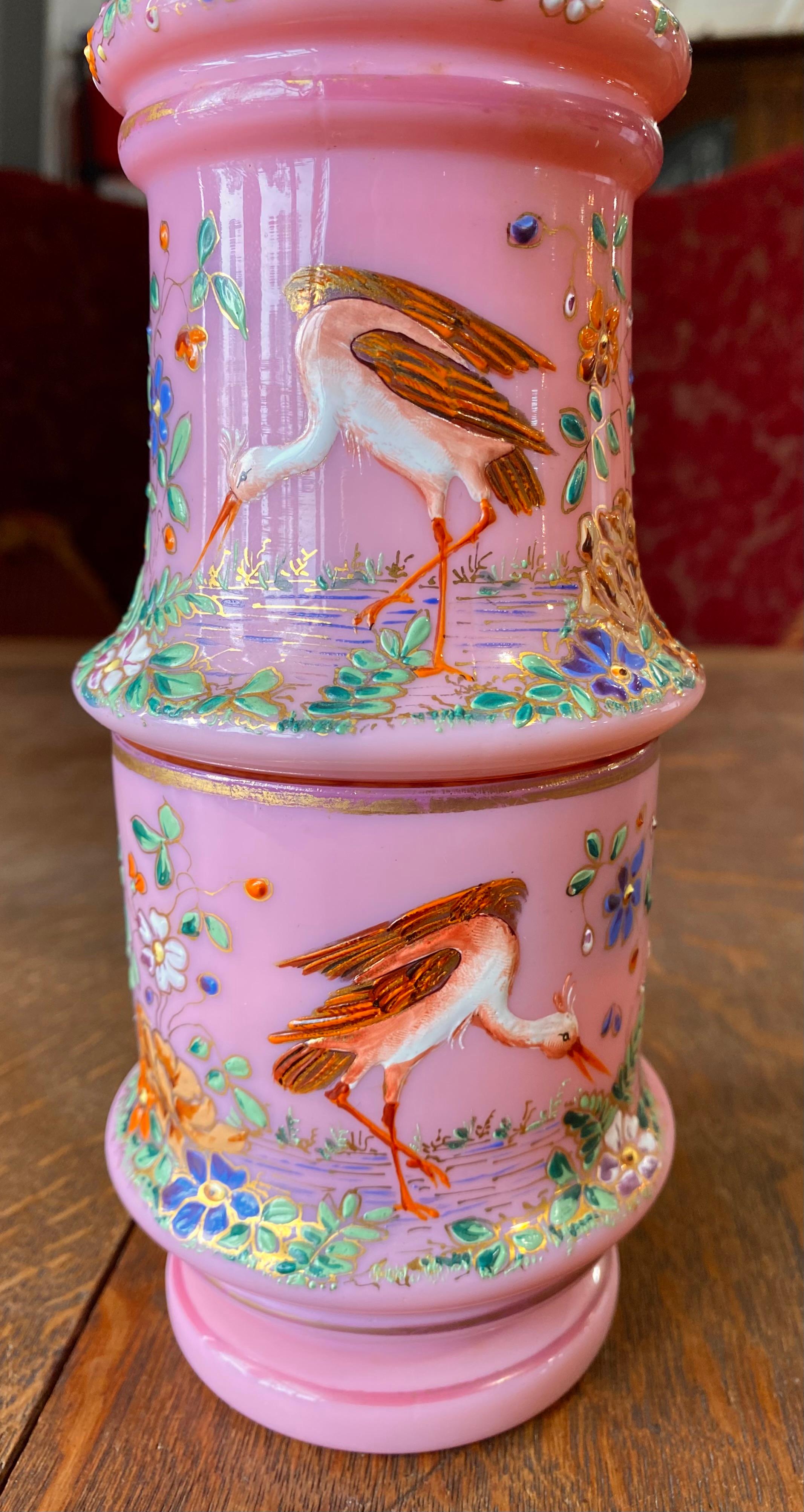 Antique 19th Century Moser Bohemian Pink Opaline Enameled Bedside Carafe For Sale 11