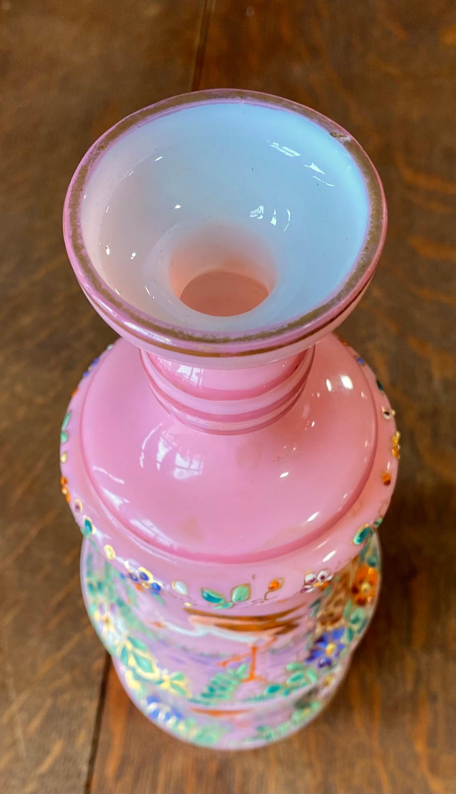 Antique 19th Century Moser Bohemian Pink Opaline Enameled Bedside Carafe In Good Condition For Sale In New Orleans, LA