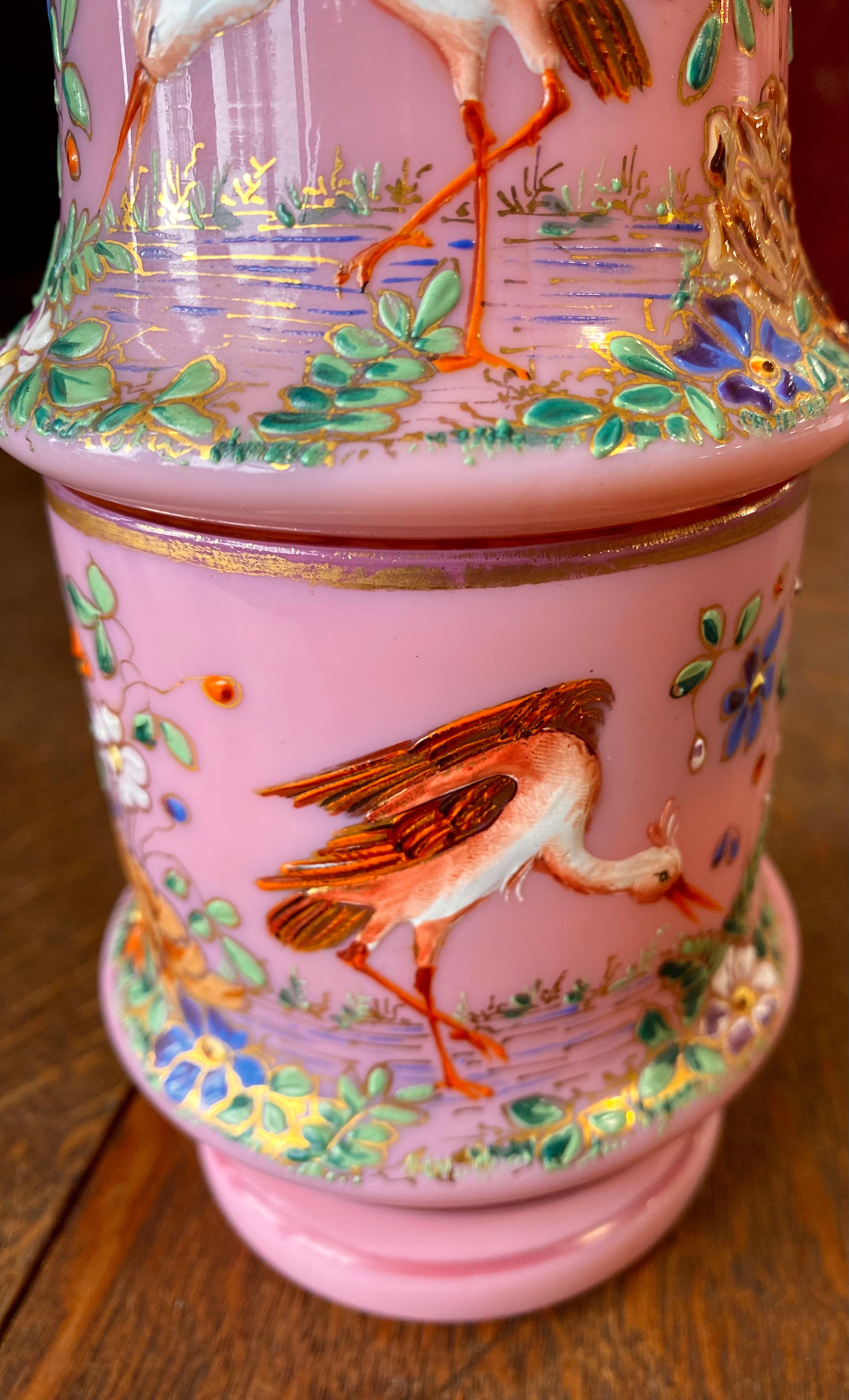 Antique 19th Century Moser Bohemian Pink Opaline Enameled Bedside Carafe For Sale 3