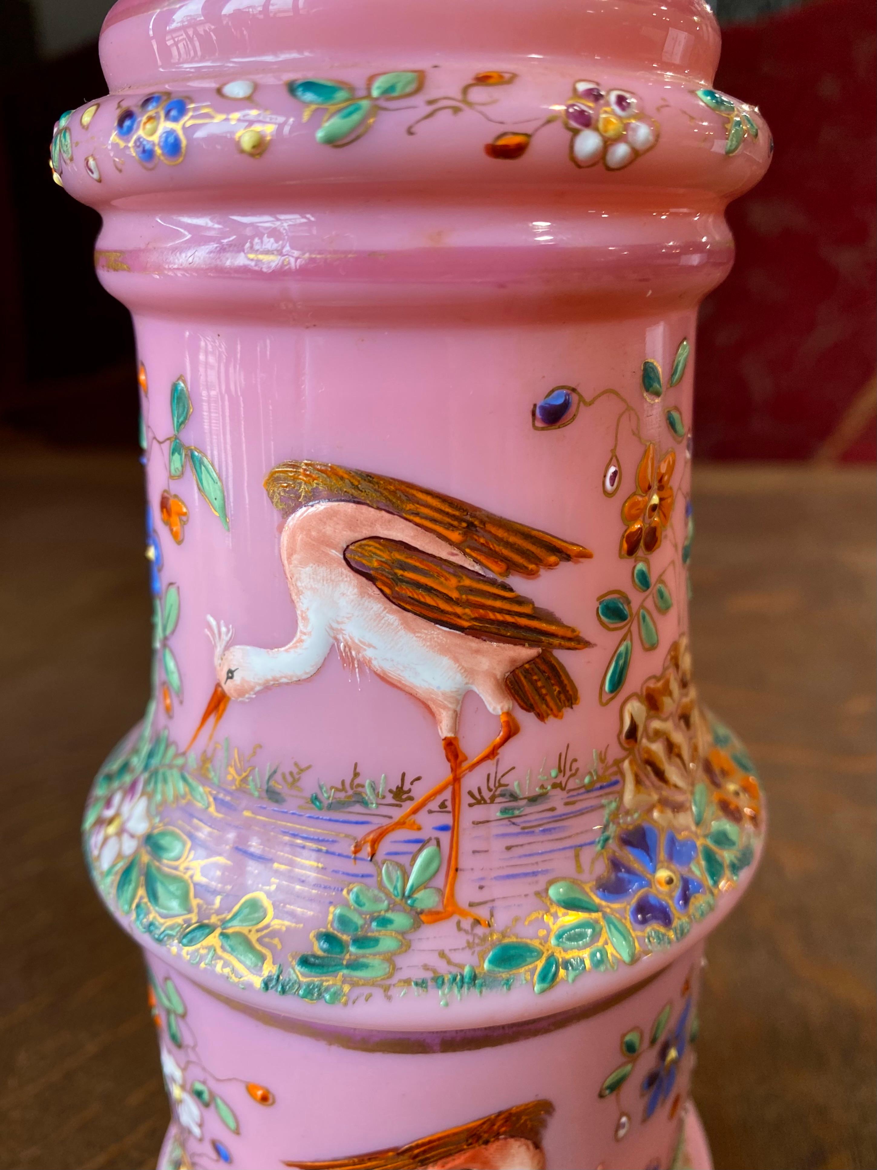 Antique 19th Century Moser Bohemian Pink Opaline Enameled Bedside Carafe For Sale 4