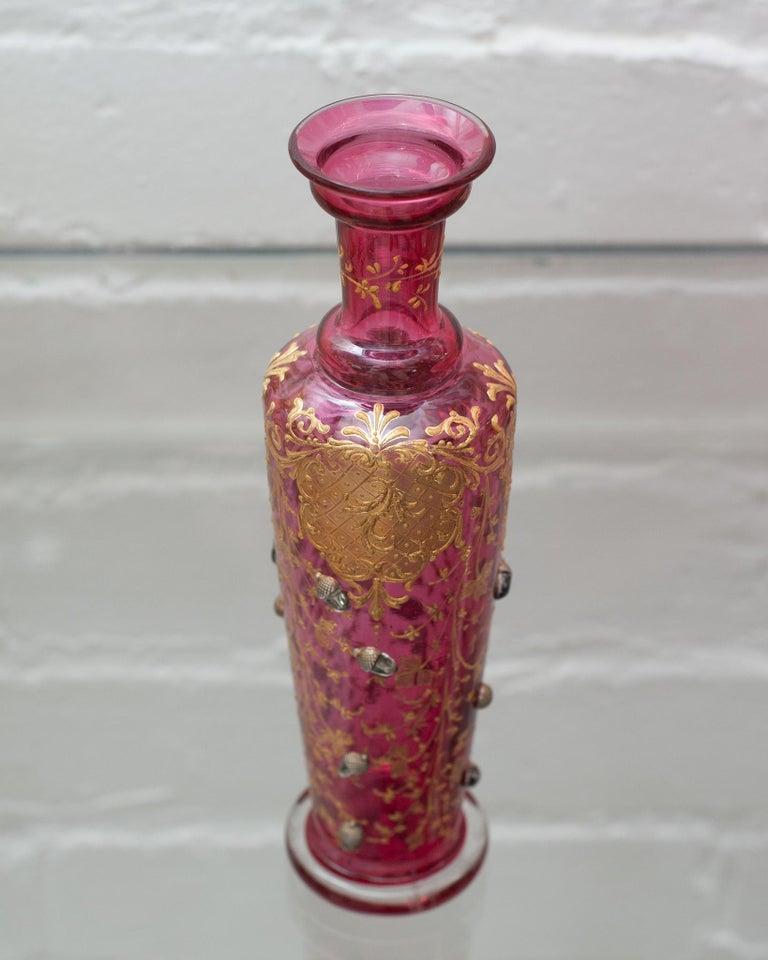 Antique Moser Cranberry Bud Vase with Ornate Gilding and Acorn Motifs In Good Condition For Sale In Toronto, ON