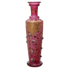 Antique Moser Cranberry Bud Vase with Ornate Gilding and Acorn Motifs
