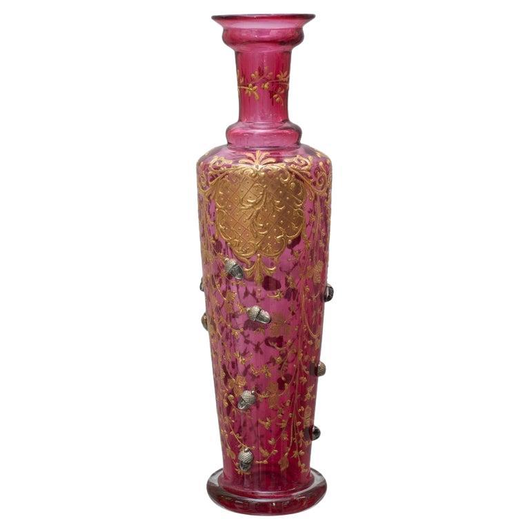 Antique Moser Cranberry Bud Vase with Ornate Gilding and Acorn Motifs