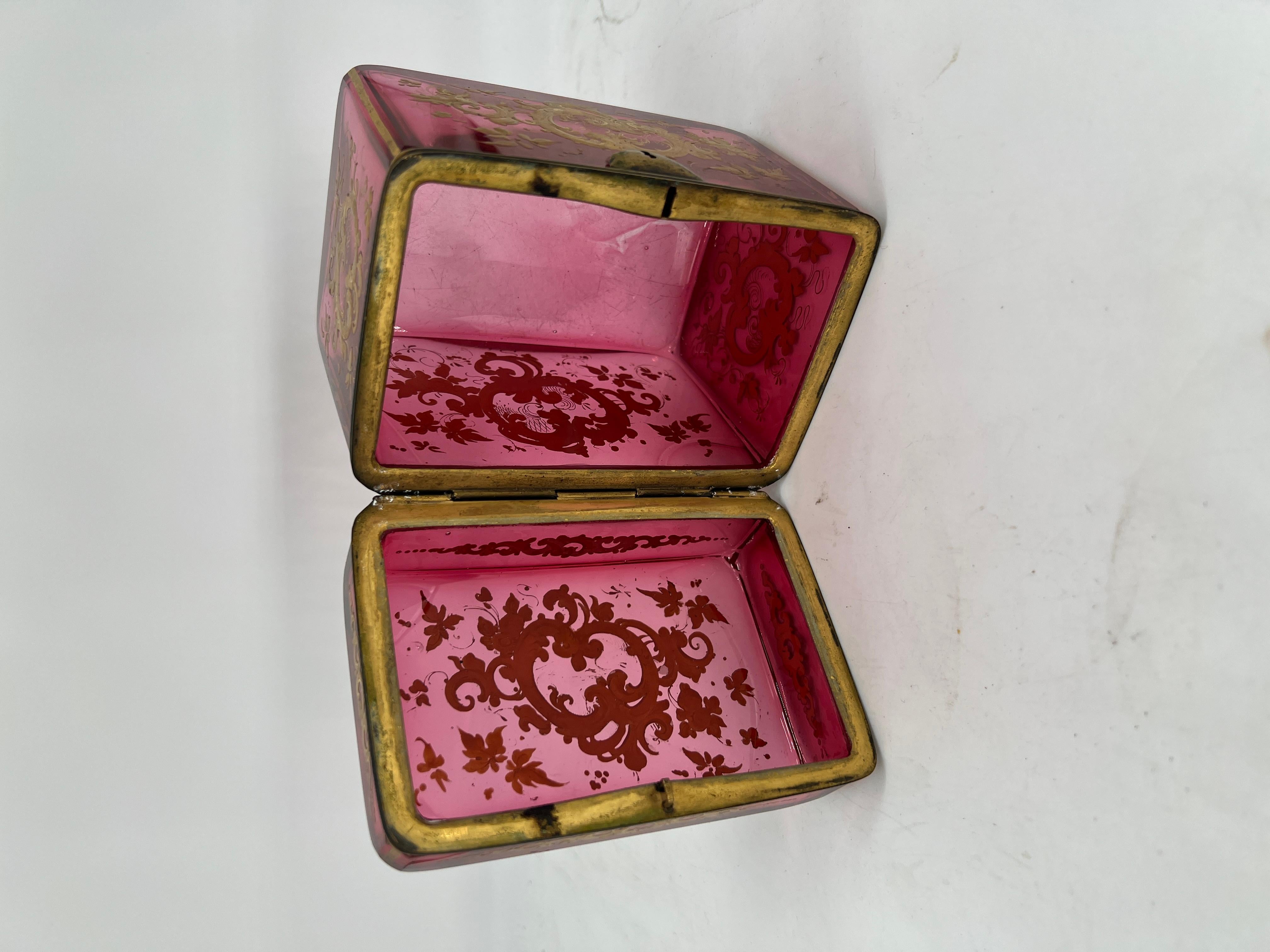 Antique Moser Cranberry Enameled & Ormolu Mounted Glass Casket Box For Sale 4