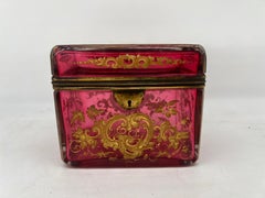 Antique Moser Cranberry Enameled & Ormolu Mounted Glass Casket Box