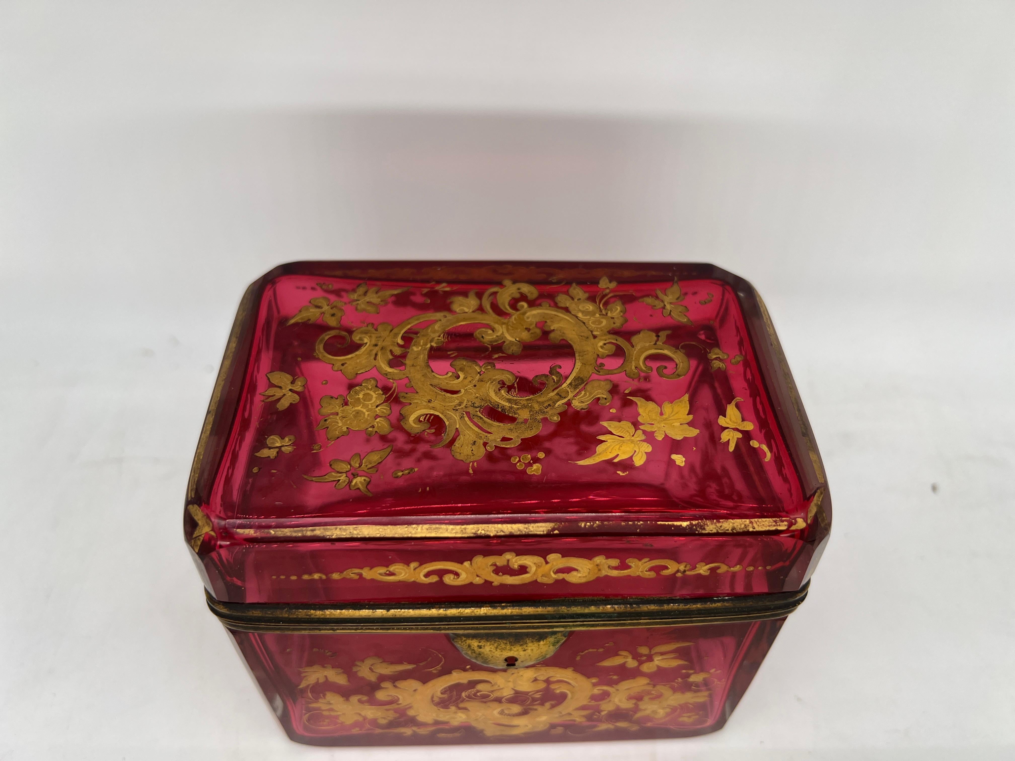 French Antique Moser Cranberry Enameled & Ormolu Mounted Glass Casket Box For Sale