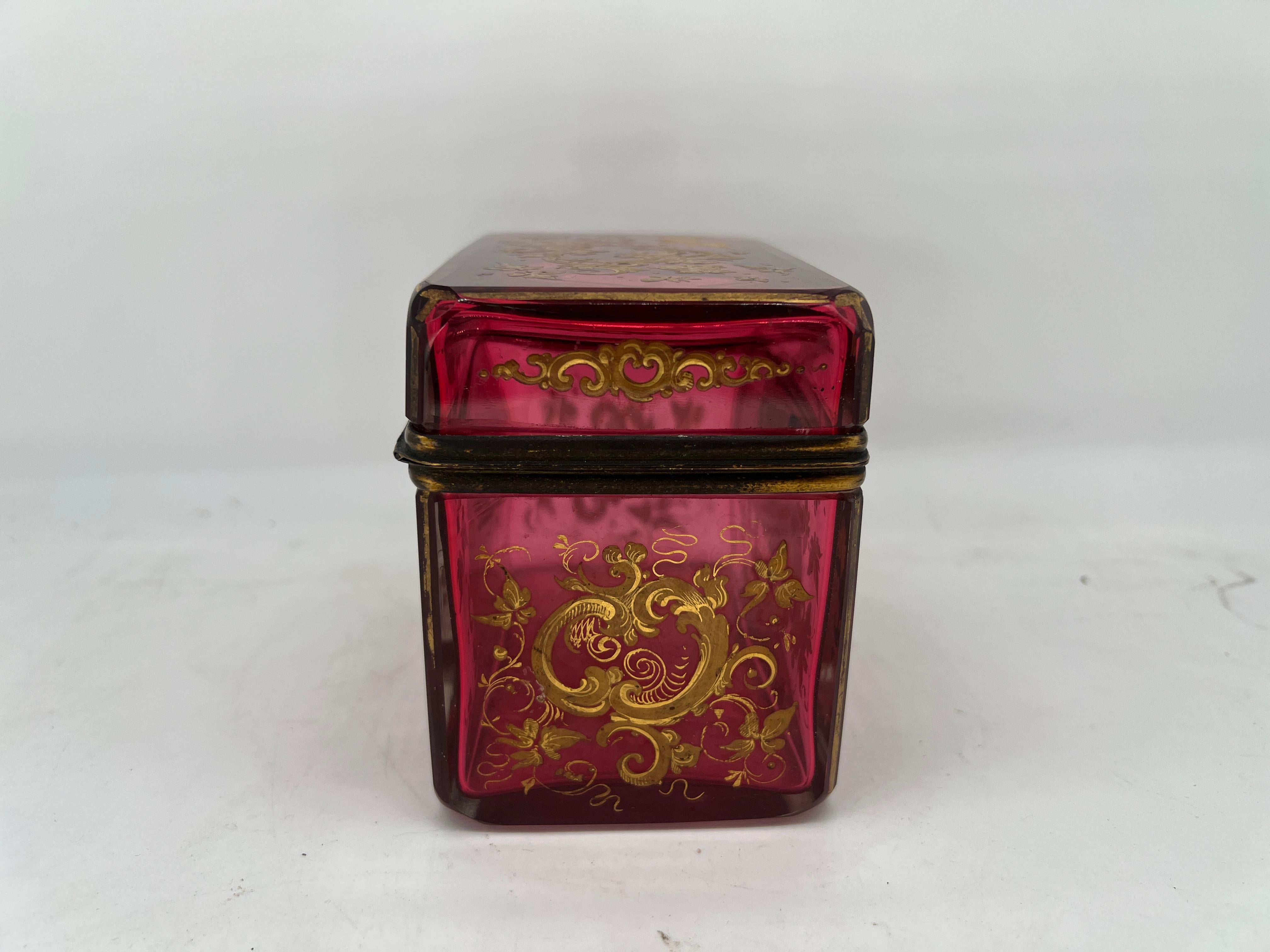 Antique Moser Cranberry Enameled & Ormolu Mounted Glass Casket Box In Good Condition For Sale In Atlanta, GA