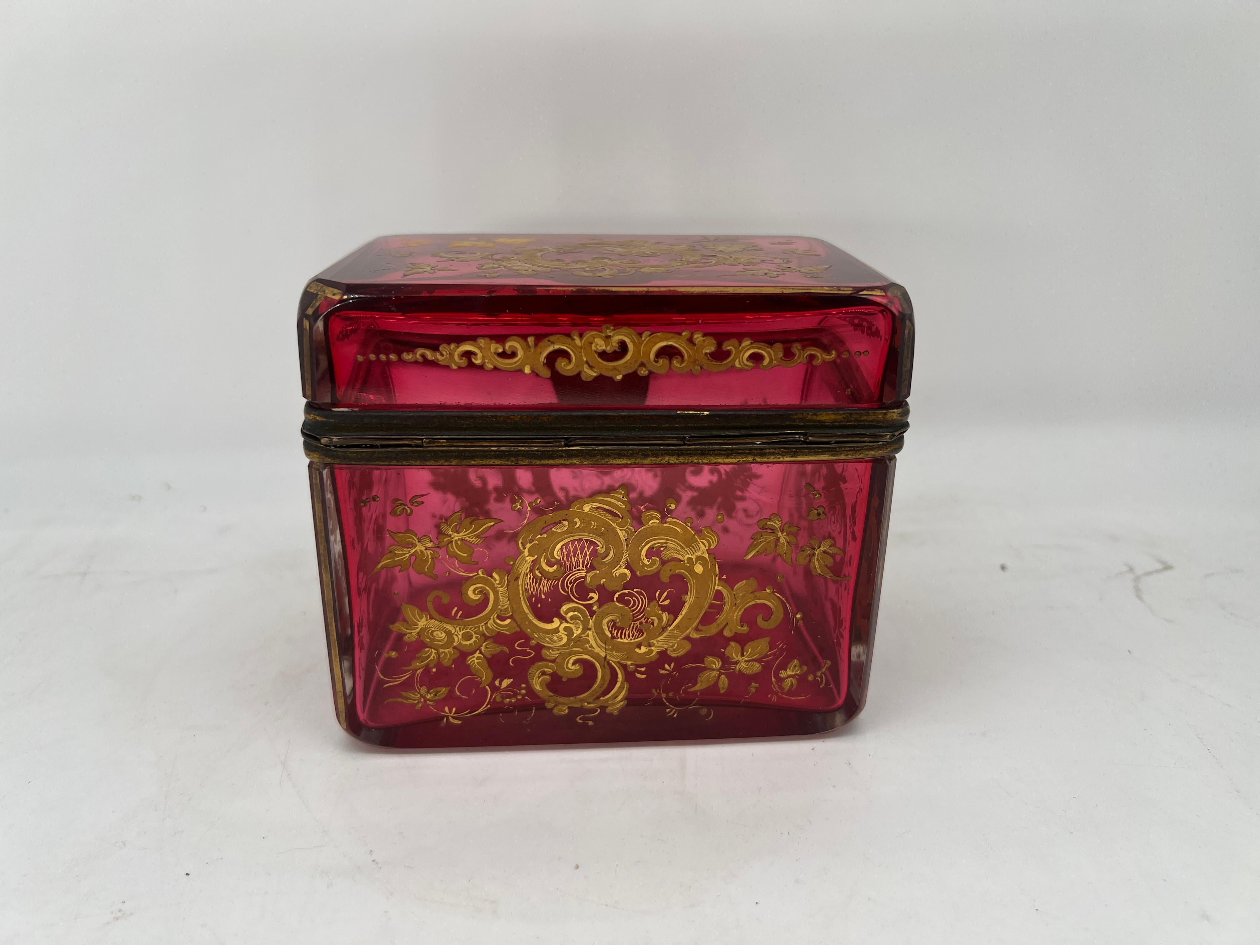 20th Century Antique Moser Cranberry Enameled & Ormolu Mounted Glass Casket Box For Sale