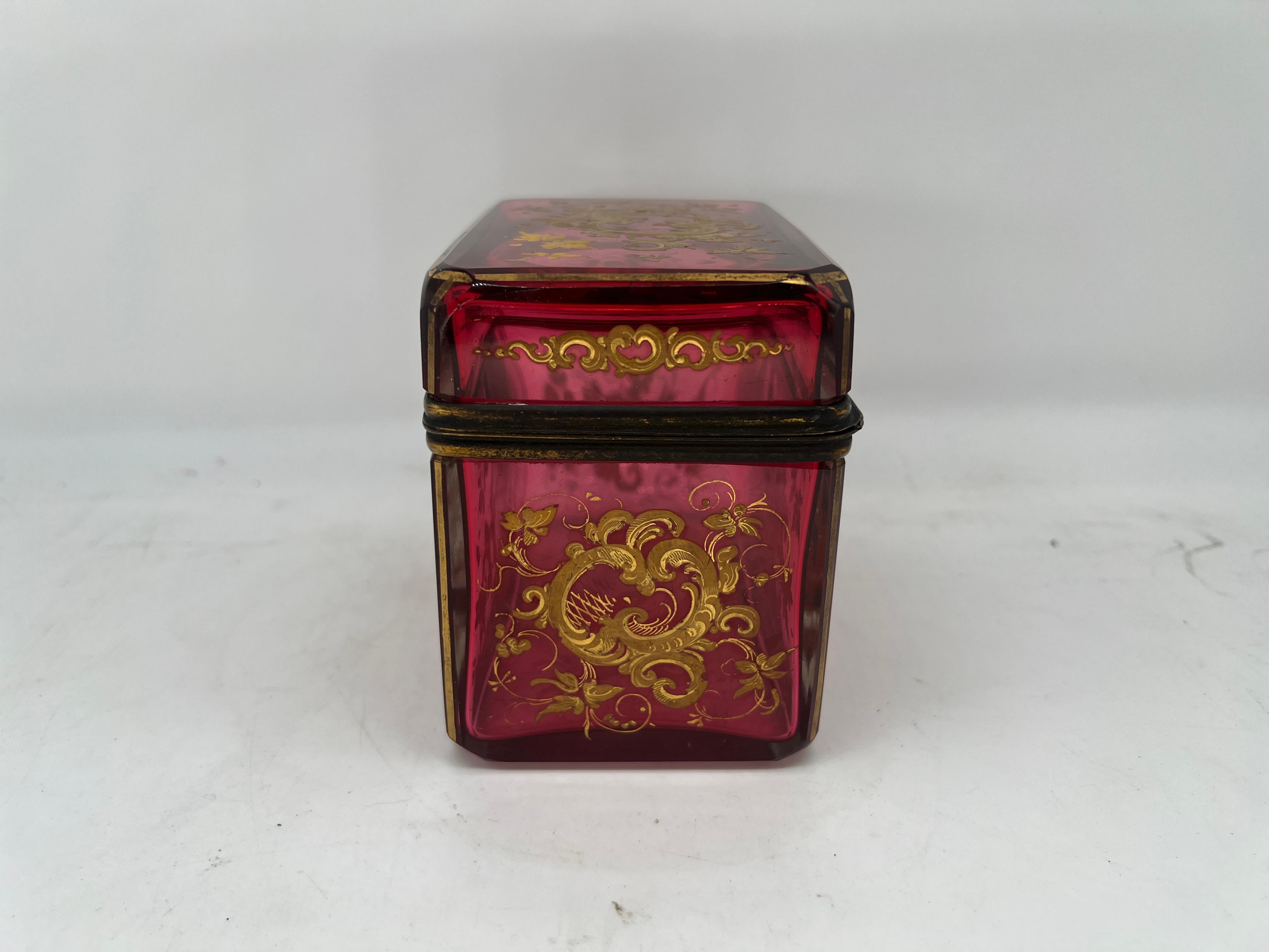 Art Glass Antique Moser Cranberry Enameled & Ormolu Mounted Glass Casket Box For Sale