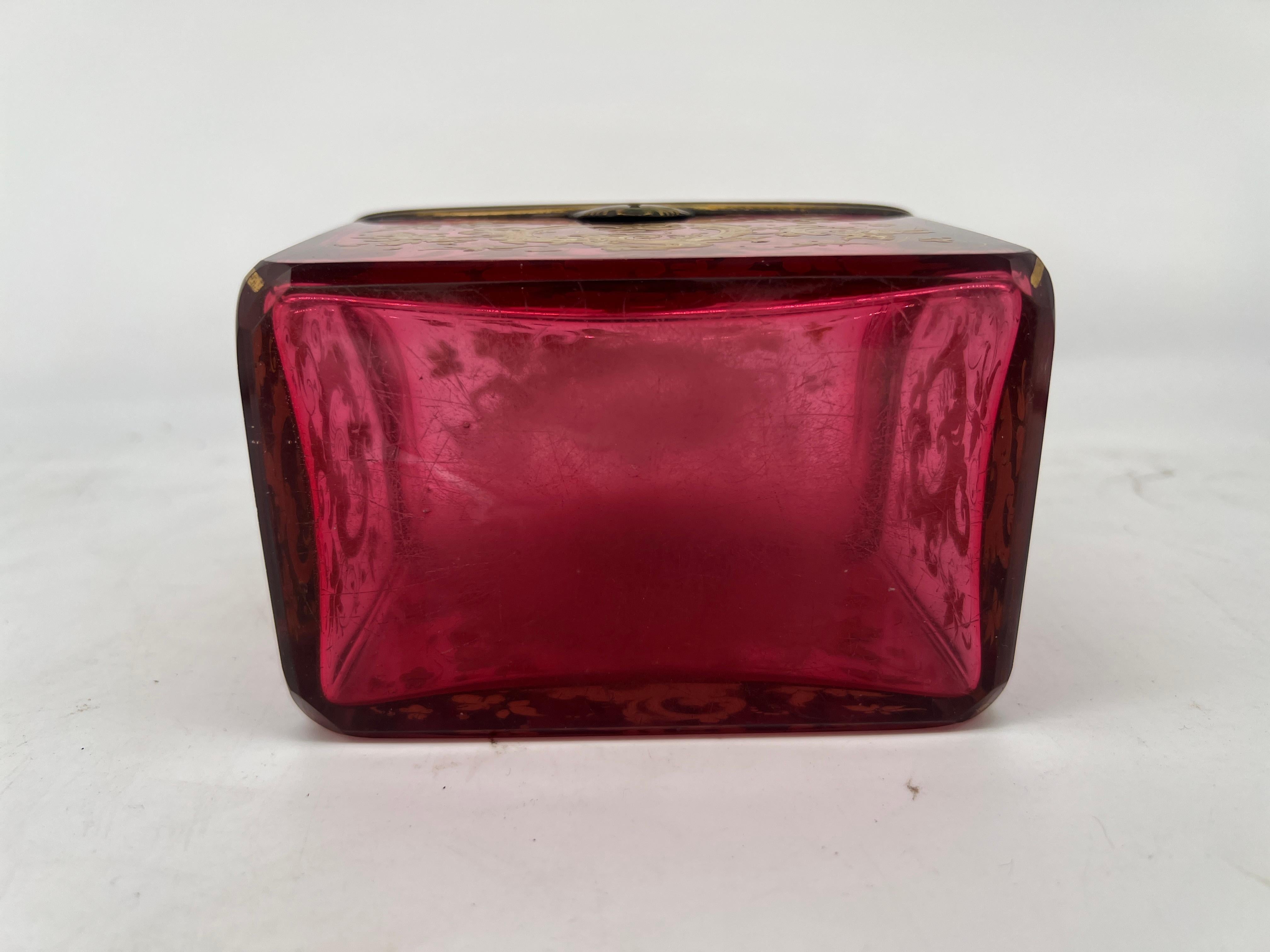 Antique Moser Cranberry Enameled & Ormolu Mounted Glass Casket Box For Sale 1