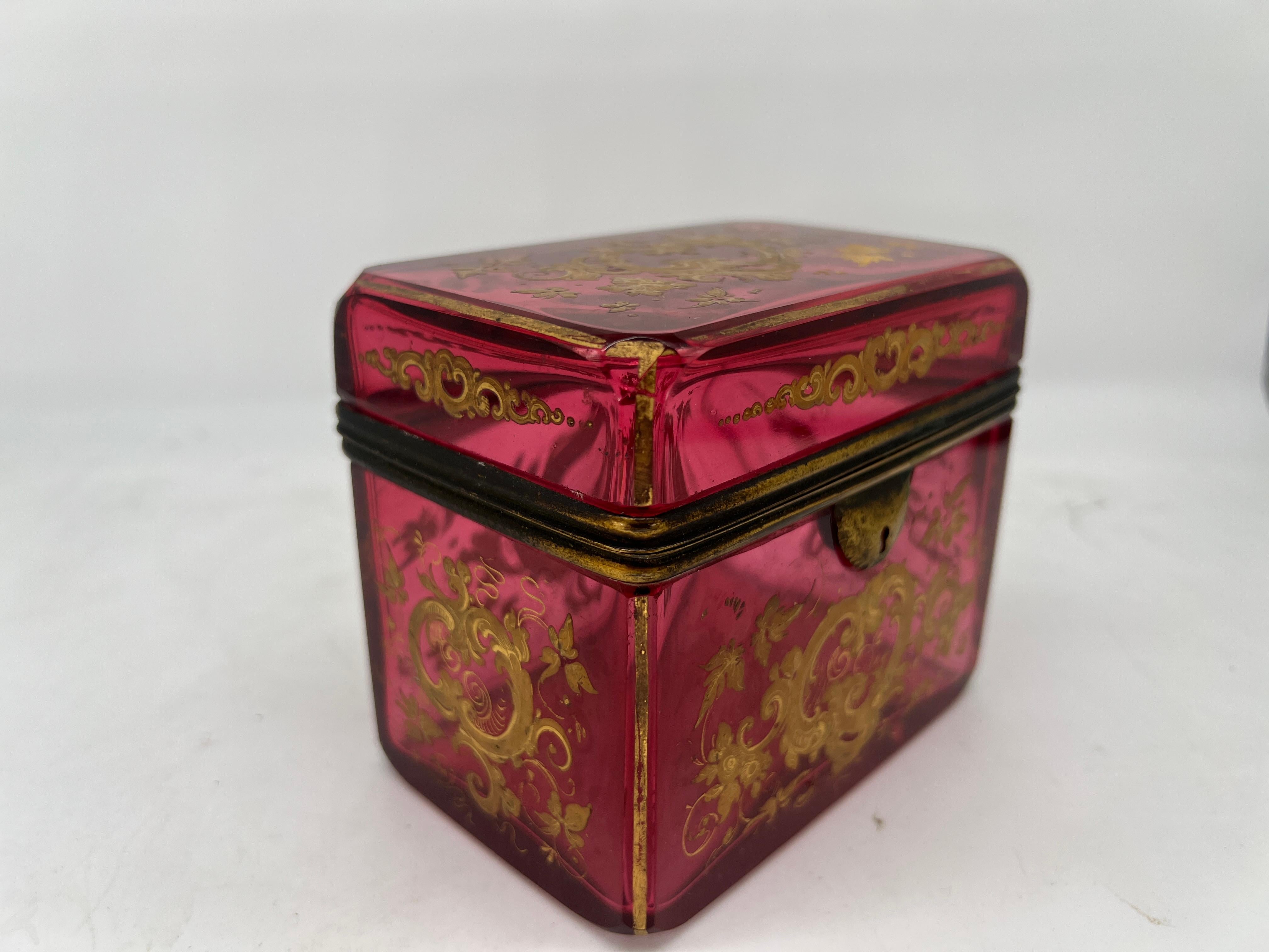 Antique Moser Cranberry Enameled & Ormolu Mounted Glass Casket Box For Sale 2