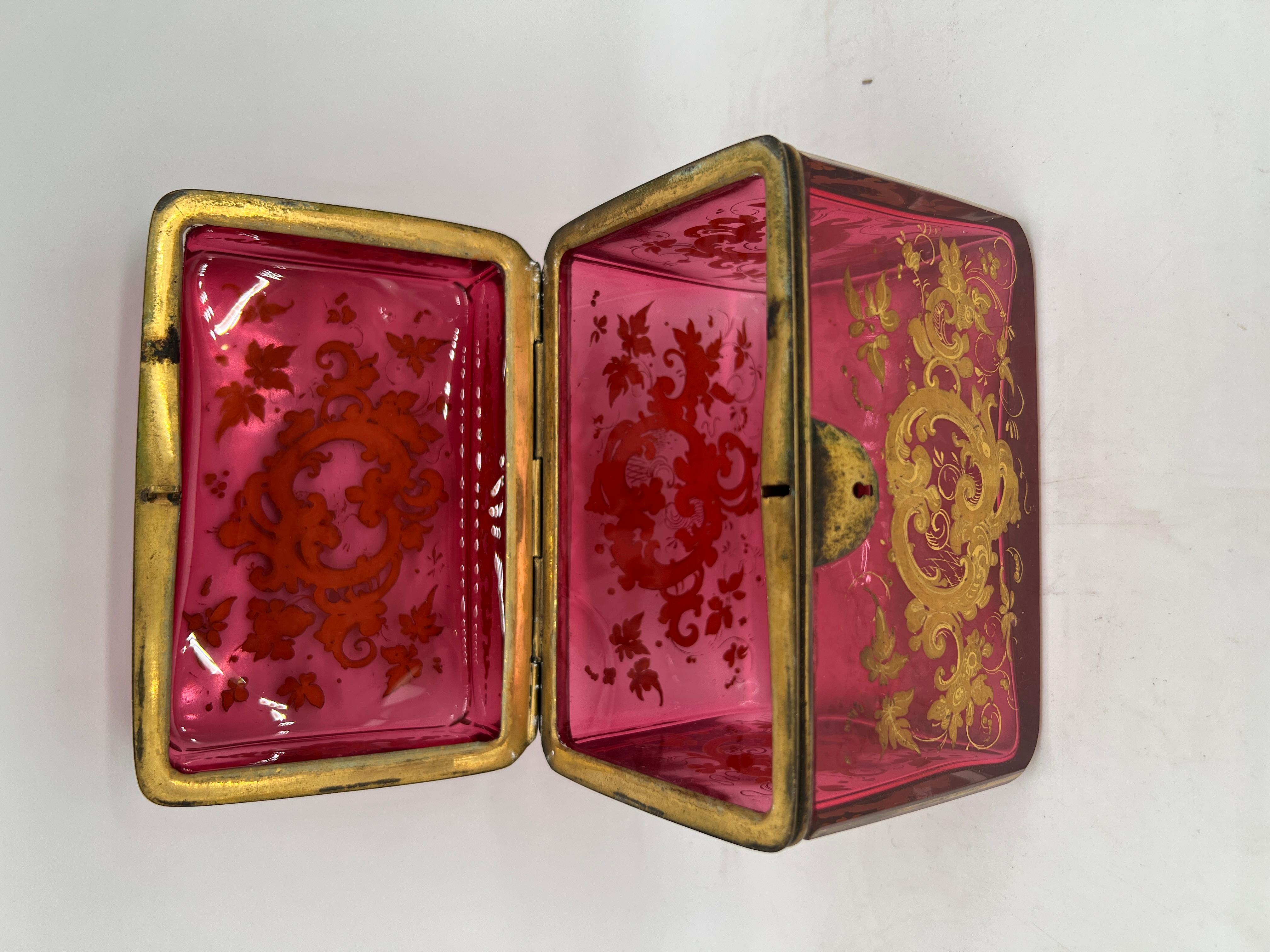 Antique Moser Cranberry Enameled & Ormolu Mounted Glass Casket Box For Sale 3
