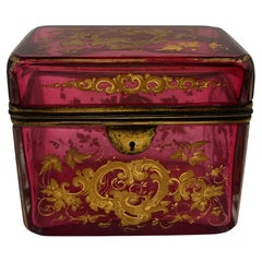 Antique Moser Cranberry Enameled & Ormolu Mounted Glass Casket Box
