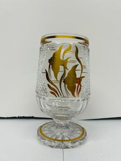 Antique Moser Crystal Cut Glass Engraved "Swimming Fish" Gold Vase