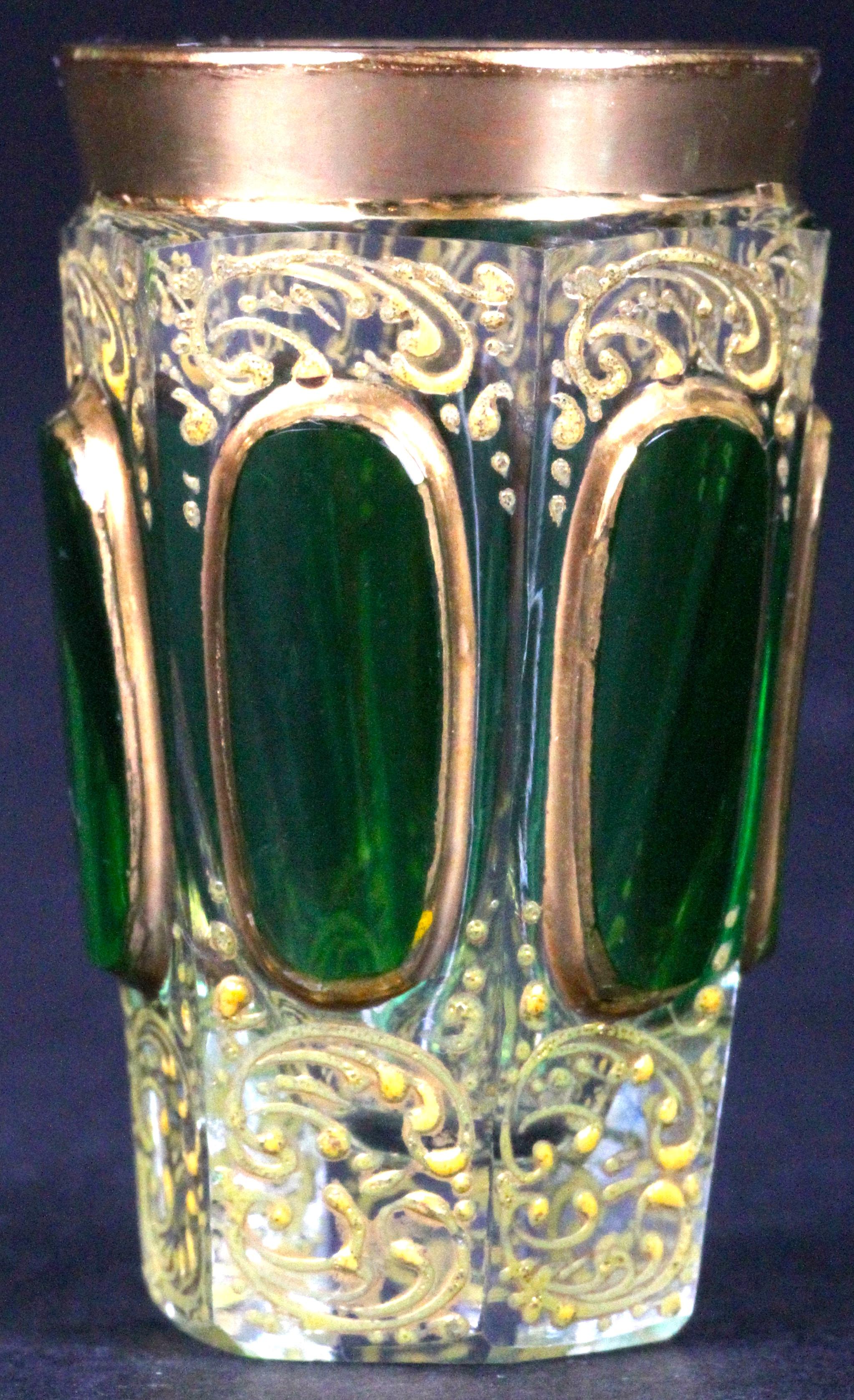 Czech Antique Moser Emerald Green Cabochon Liquor Set For Sale