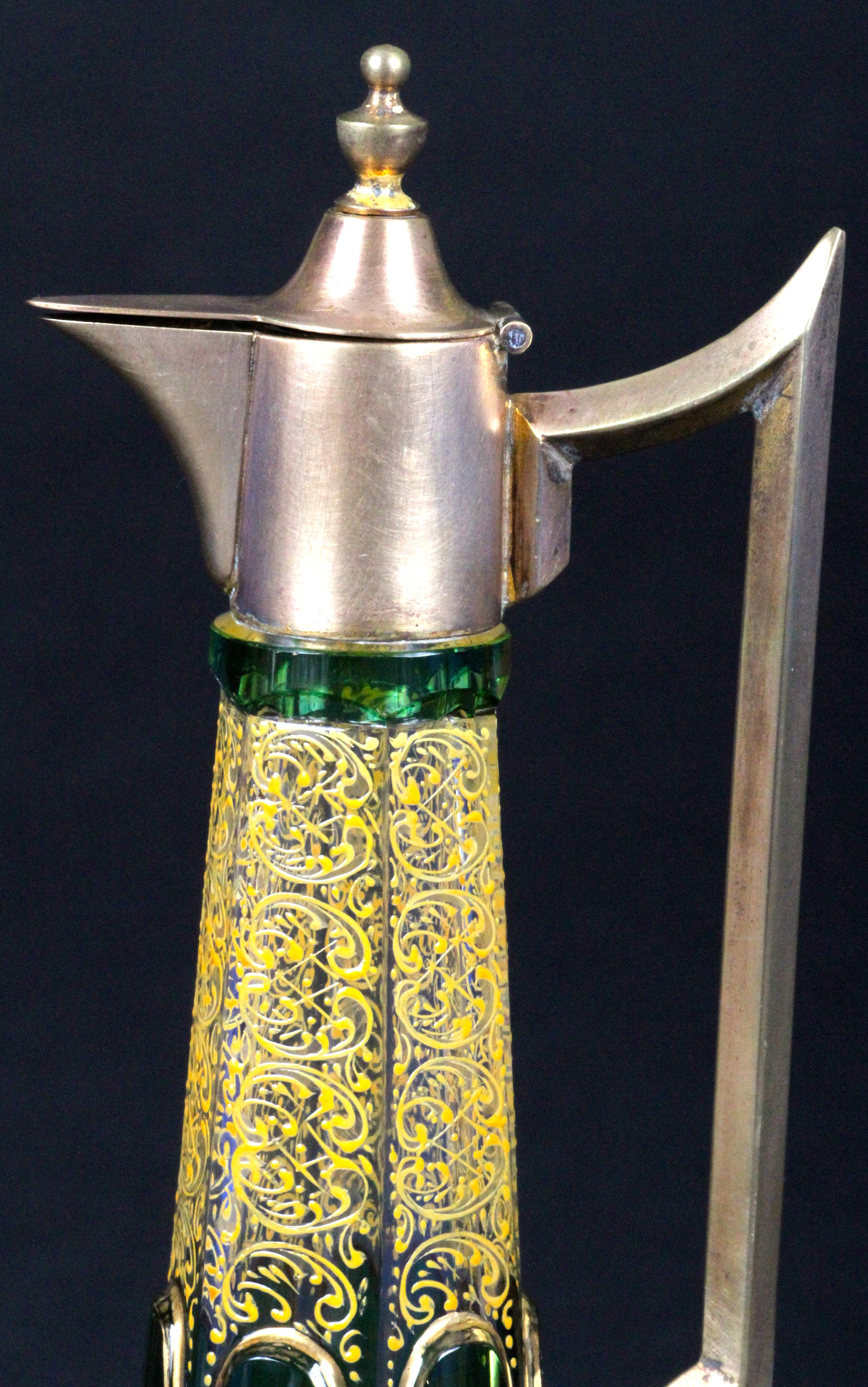 Beveled Antique Moser Emerald Green Cabochon Liquor Set For Sale