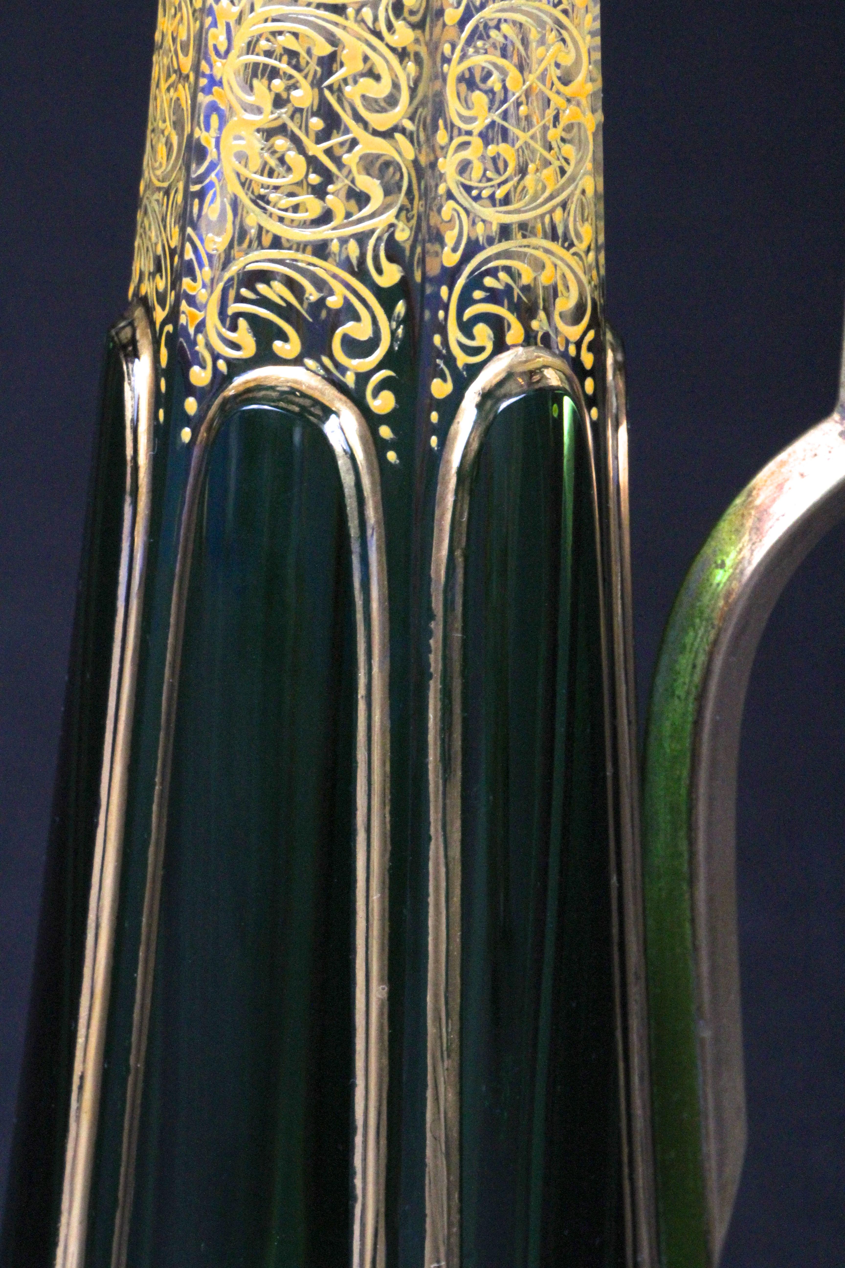 Glass Antique Moser Emerald Green Cabochon Liquor Set For Sale