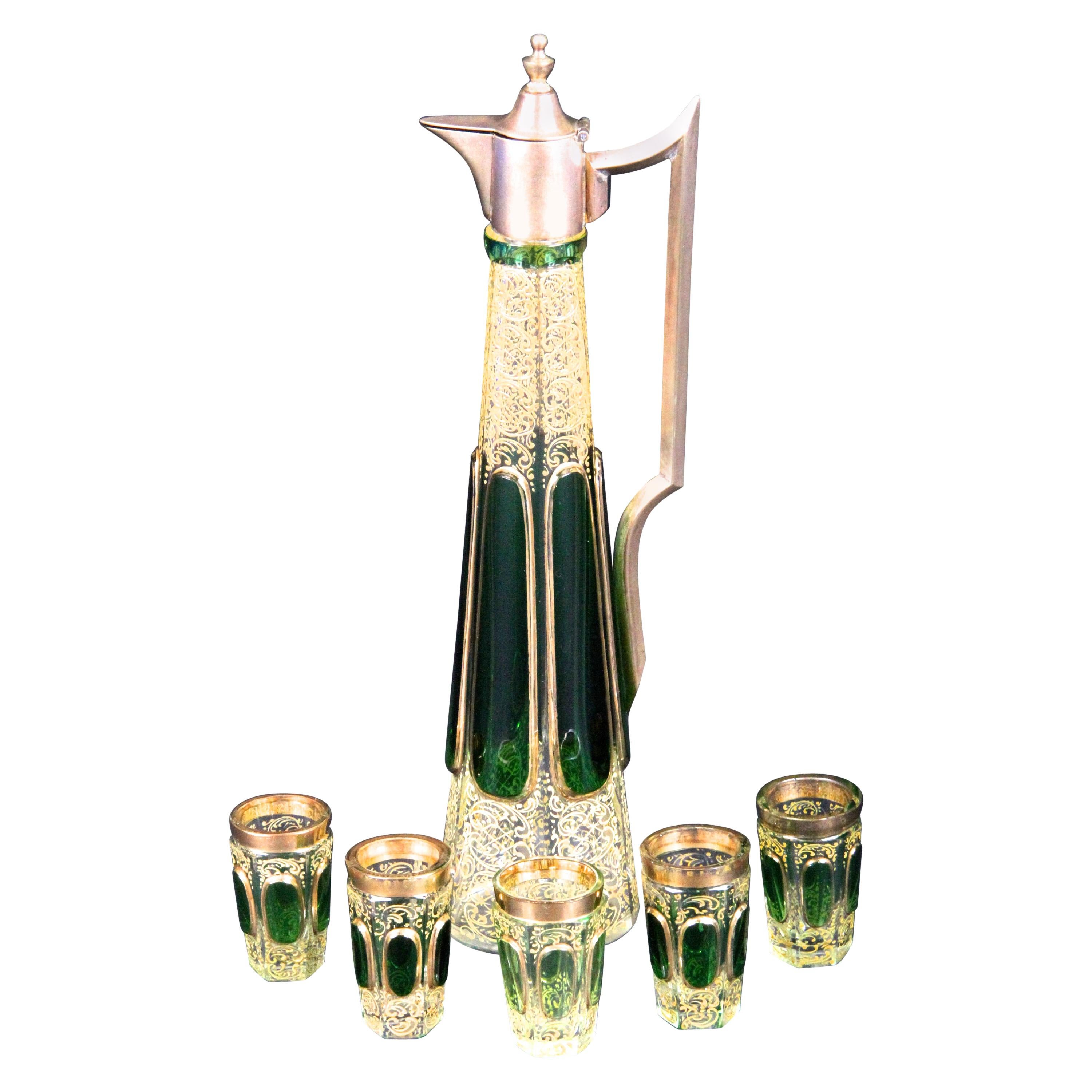 Antique Moser Emerald Green Cabochon Liquor Set For Sale