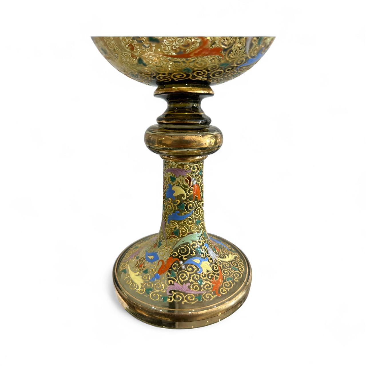 Antique Moser Enamel and Gilt Glass Goblet, Bohemian Art Glass Chalice, 11.75” In Good Condition For Sale In West Hollywood, CA