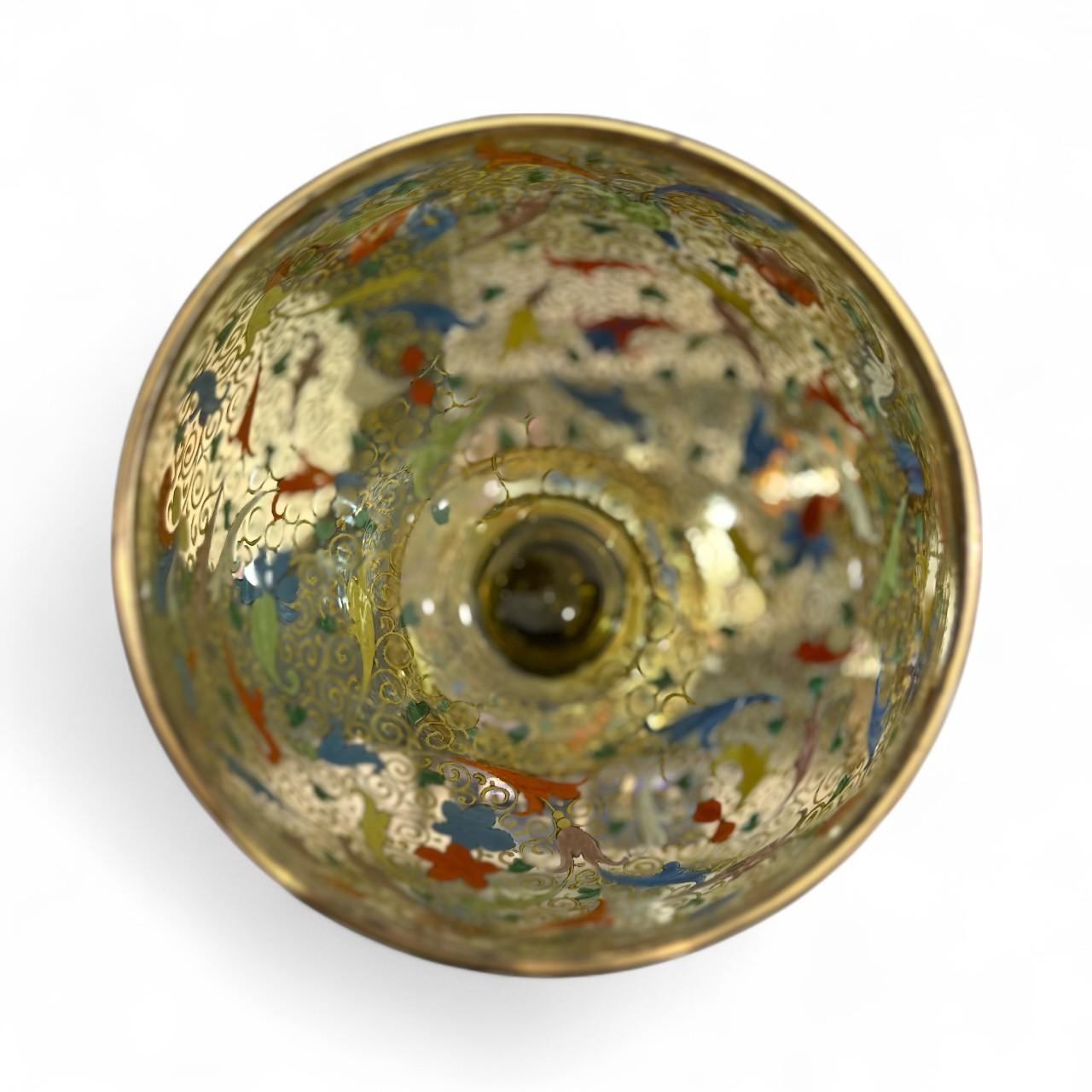 Women's or Men's Antique Moser Enamel and Gilt Glass Goblet, Bohemian Art Glass Chalice, 11.75” For Sale