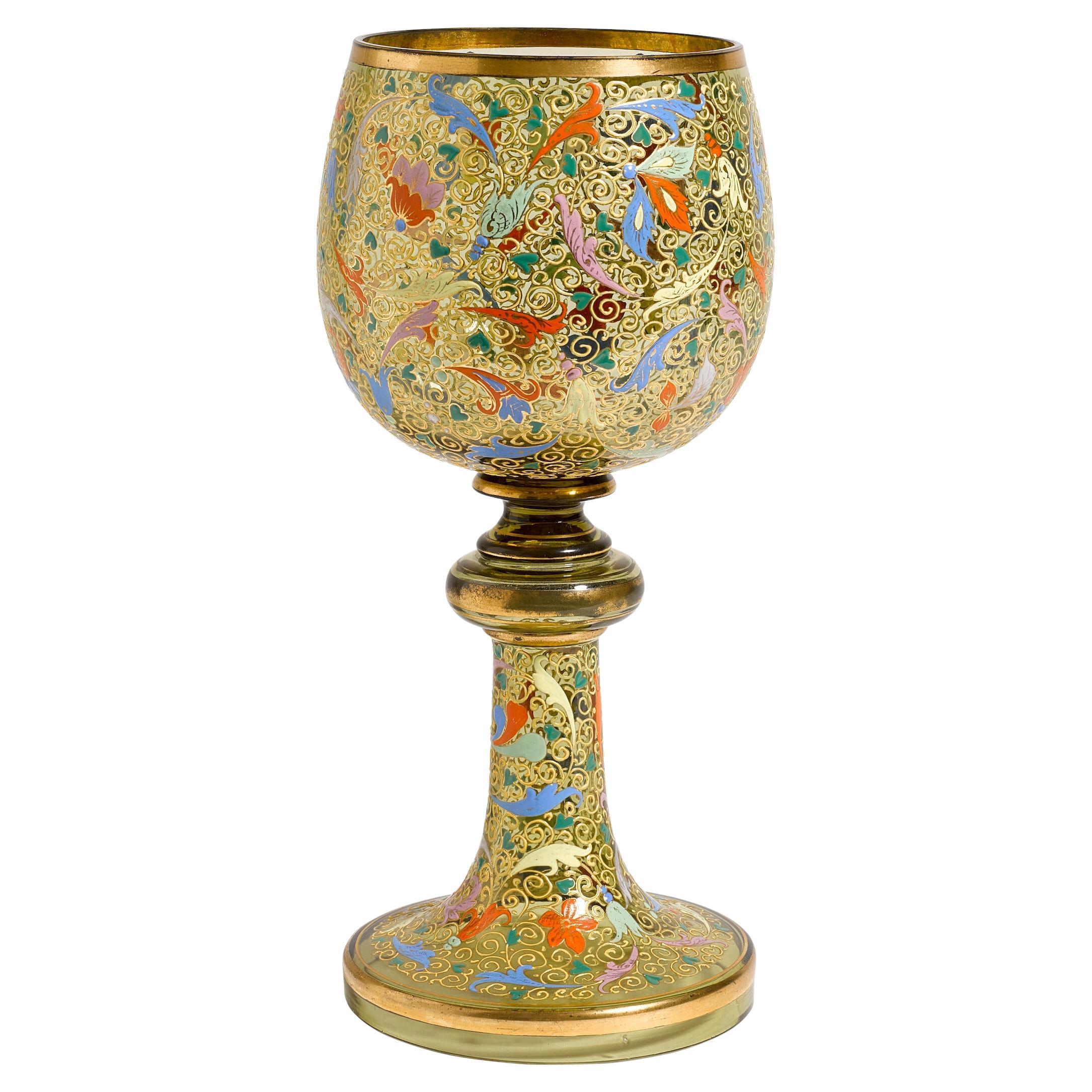 Antique Moser Enamel and Gilt Glass Goblet, Bohemian Art Glass Chalice, 11.75” For Sale