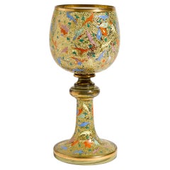Antique Moser Enamel and Gilt Glass Goblet, Bohemian Art Glass Chalice, 11.75”