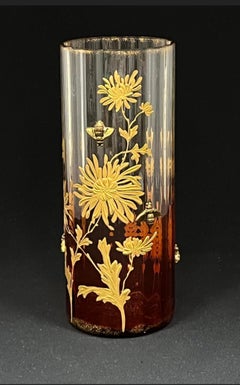 Antique Moser Enamel and Gilt Glass Vase with Bees and Chrysanthemums