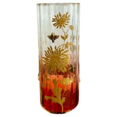 Antique Moser Enamel and Gilt Glass Vase with Bees and Chrysanthemums