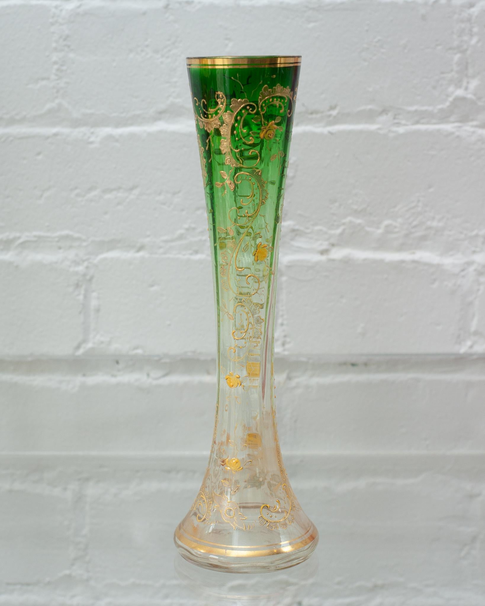 A beautiful antique Moser flared vase in emerald green to clear faded crystal, with gold gilded details. Beautifully made and in excellent condition for its age. A beautiful example of turn of the century Bohemian craftsmanship.