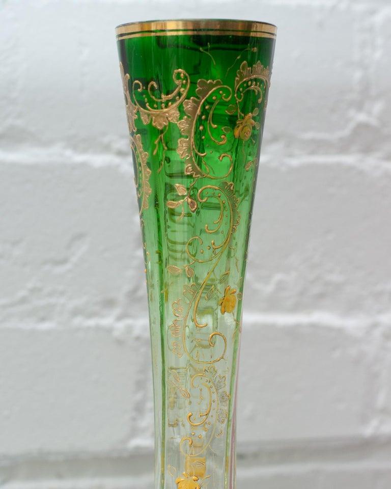 Czech Antique Moser Flared Emerald Green to Clear Crystal Vase with Ornate Gilding For Sale