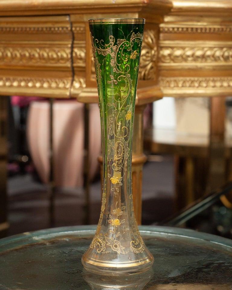 Gilt Antique Moser Flared Emerald Green to Clear Crystal Vase with Ornate Gilding For Sale