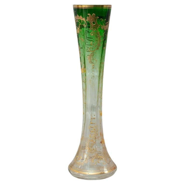 Antique Moser Flared Emerald Green to Clear Crystal Vase with Ornate Gilding