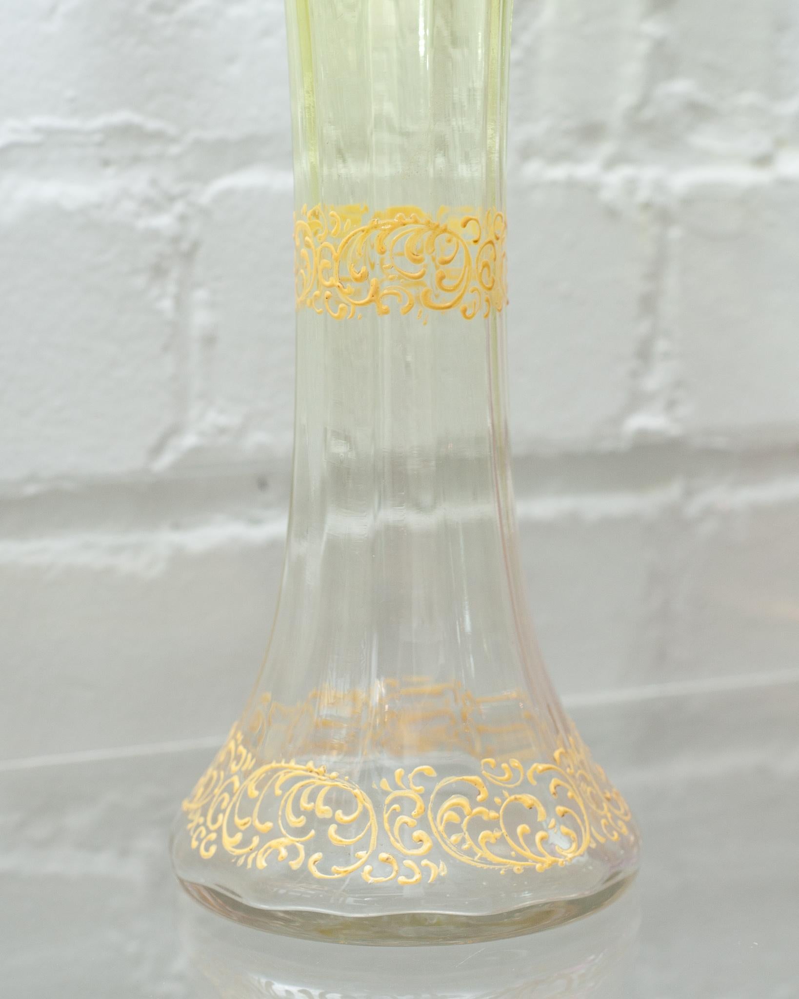 Gilt Antique Moser Flared Yellow to Clear Crystal Vase with Ornate Gilding For Sale