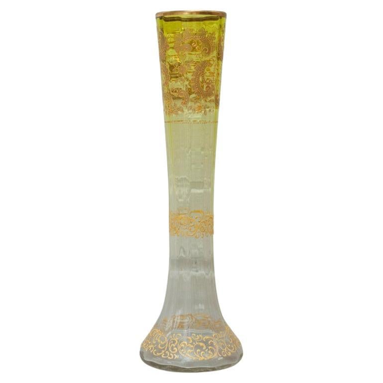Antique Moser Flared Yellow to Clear Crystal Vase with Ornate Gilding