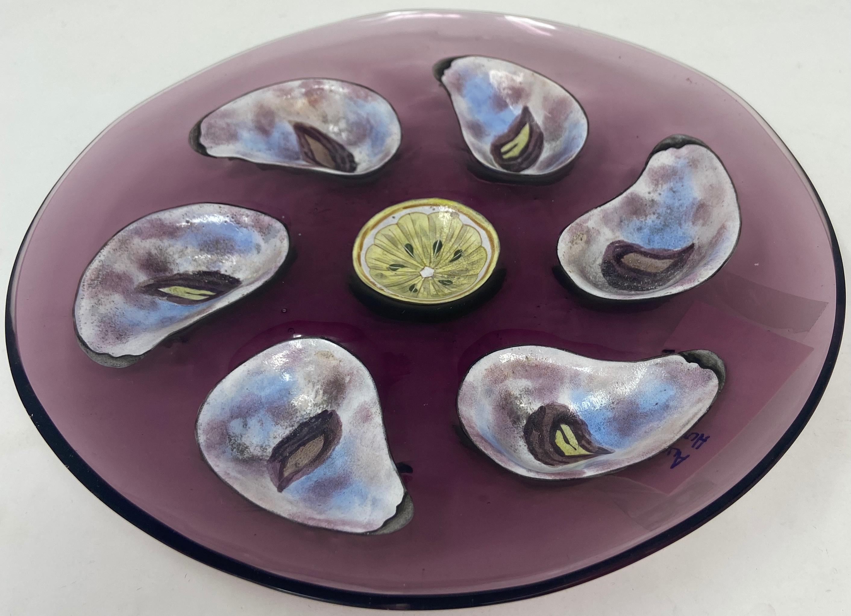 Very rare antique Bohemian Moser glass Oyster plate, purple glass with multi-colored polychrome enamel, Circa 1880-1890. This one is for the collector's--the pinnacle of oyster plates as its rarity surpasses even the coveted Presidential plate.