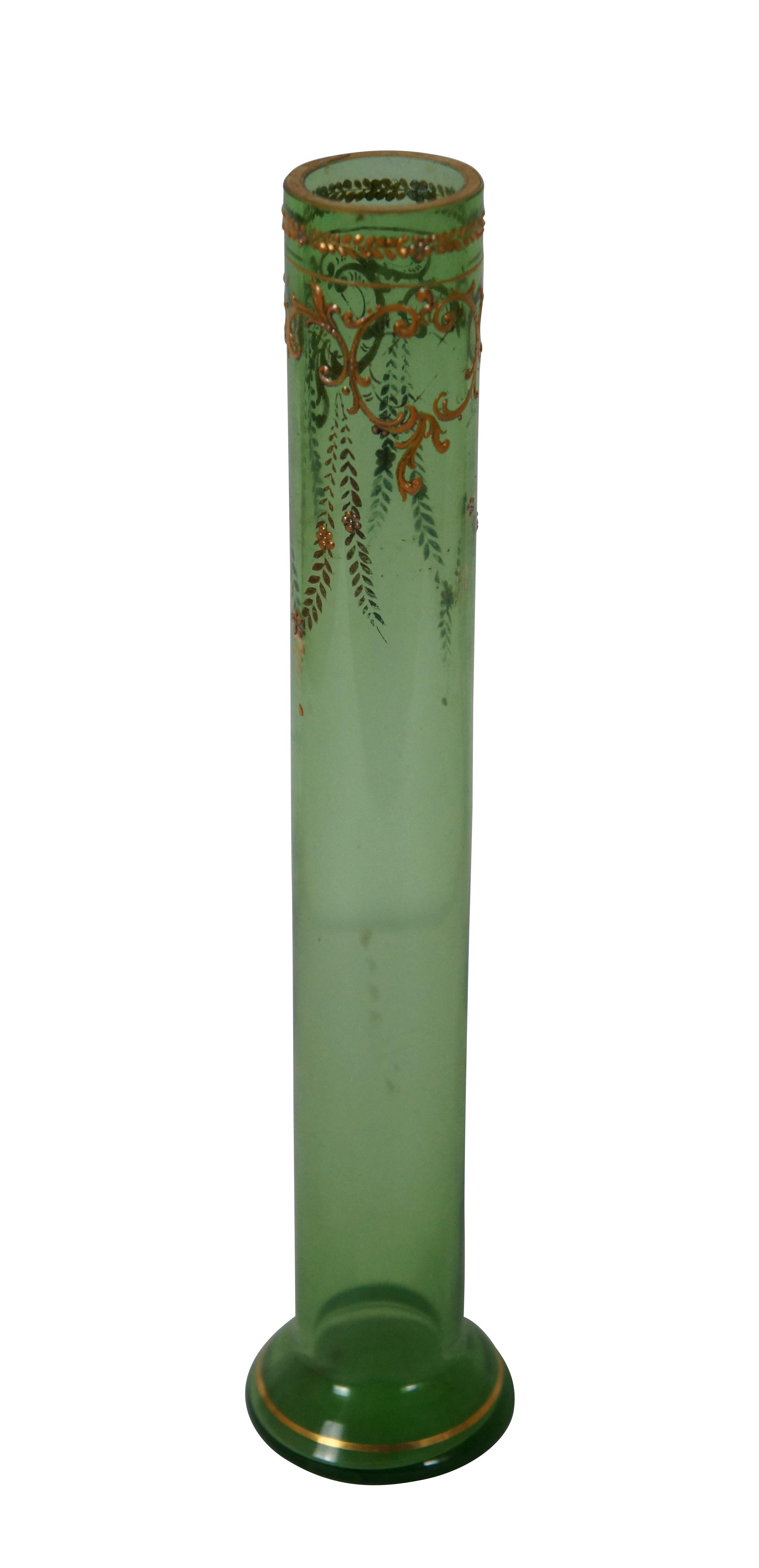 Antique Moser Karlsbad Bohemian Czech art glass bud vase featuring a tubular design with enameled gold gilt accents of florals and swags.


Dimensions:
2.25” x 10.375” (Diameter x Height)
