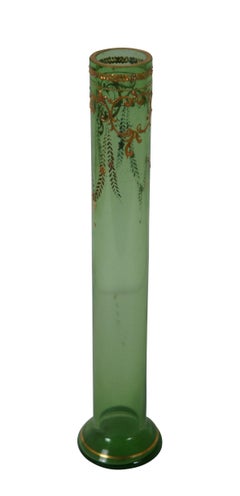Antique Moser Karlsbad Bohemian Enameled Gilt Green Art Glass Bud Vase 10"