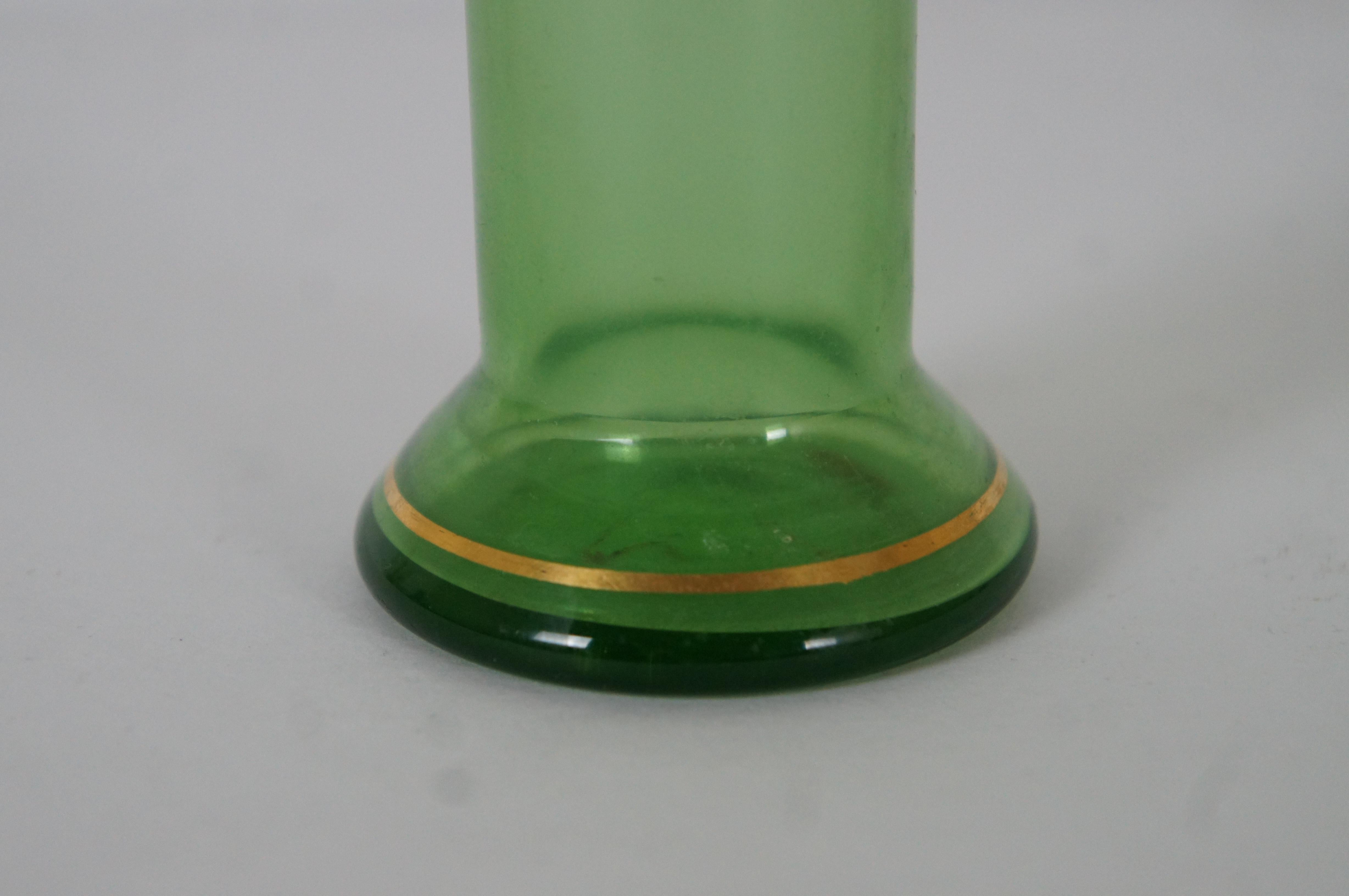 20th Century Antique Moser Karlsbad Bohemian Enameled Gilt Green Art Glass Bud Vase 10