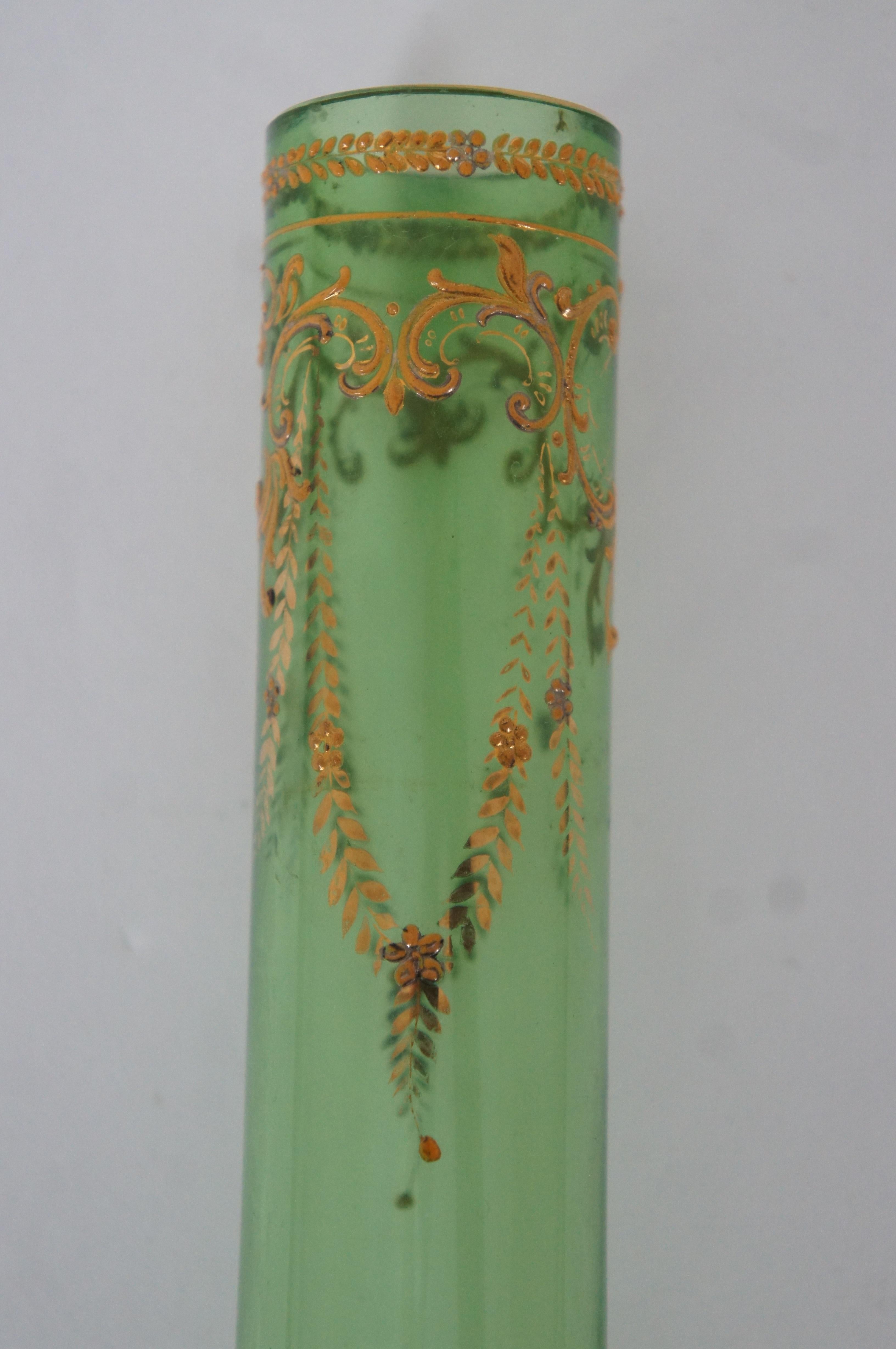Antique Moser Karlsbad Bohemian Enameled Gilt Green Art Glass Bud Vase 10
