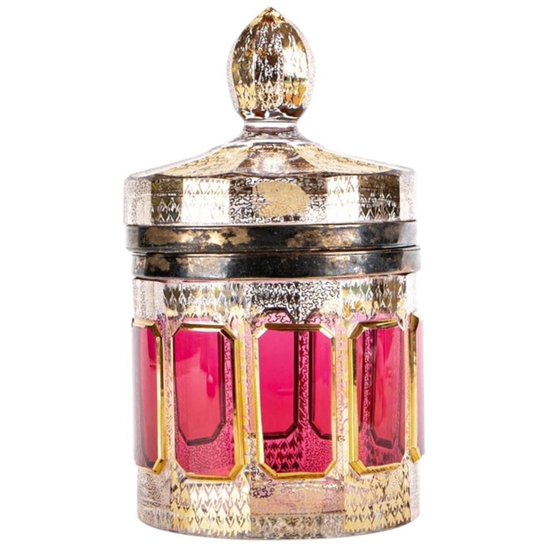 Boîte d'antiquités en verre doré à couvercle en mosaïque à motif « Ruby Cabochon »