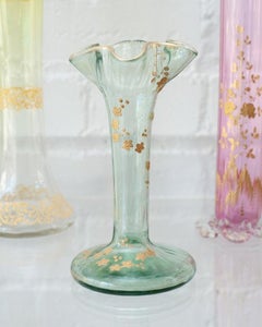 Antique Moser Light Green Flared Bud Vase with Floral Gilding