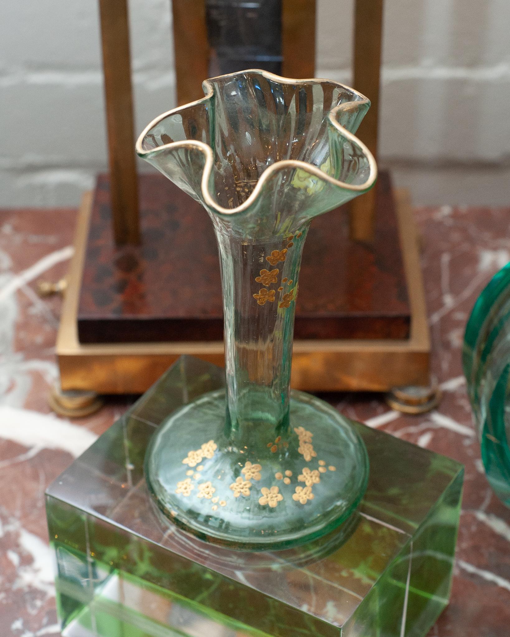 Gilt Antique Moser Light Green Flared Bud Vase with Floral Gilding For Sale