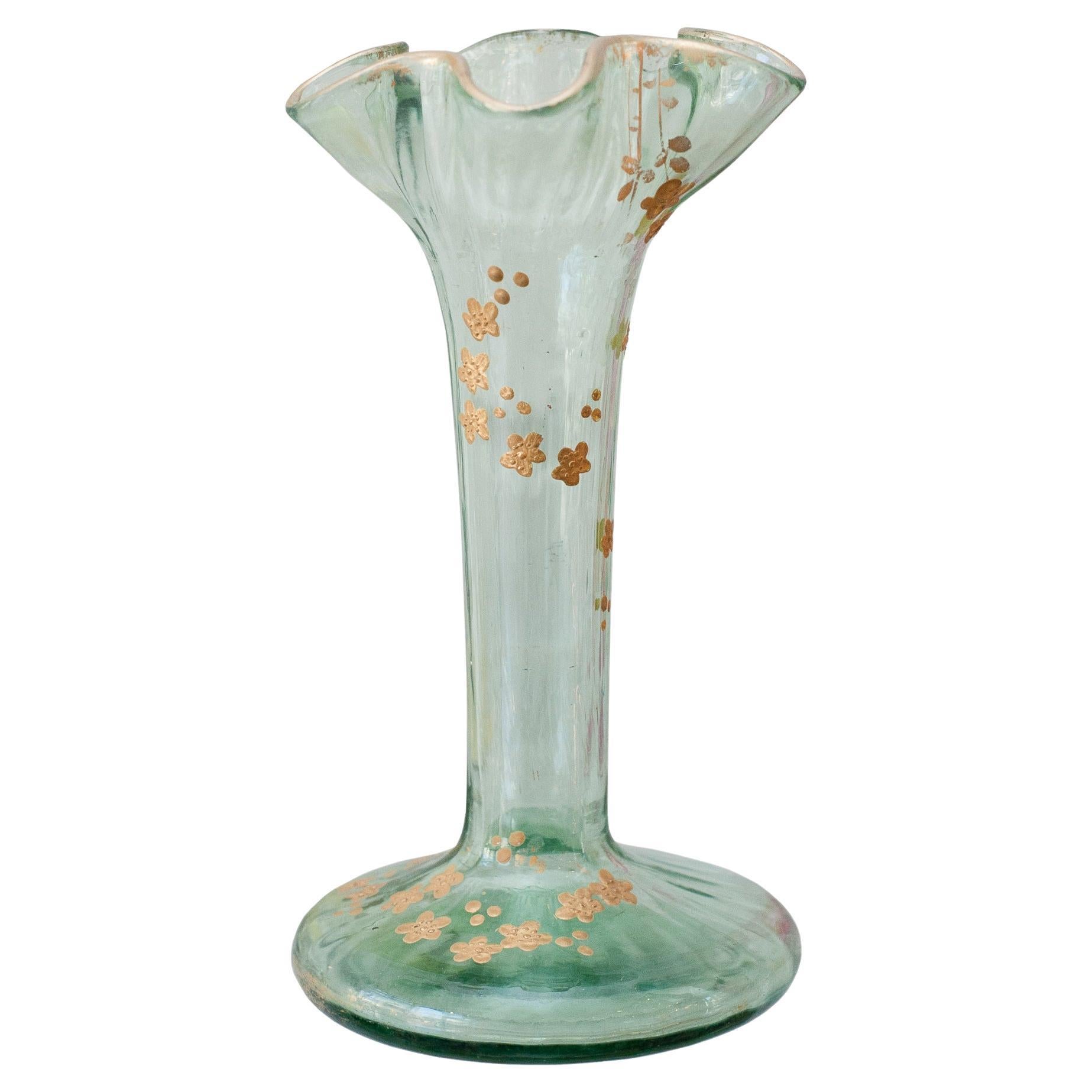 Antique Moser Light Green Flared Bud Vase with Floral Gilding For Sale