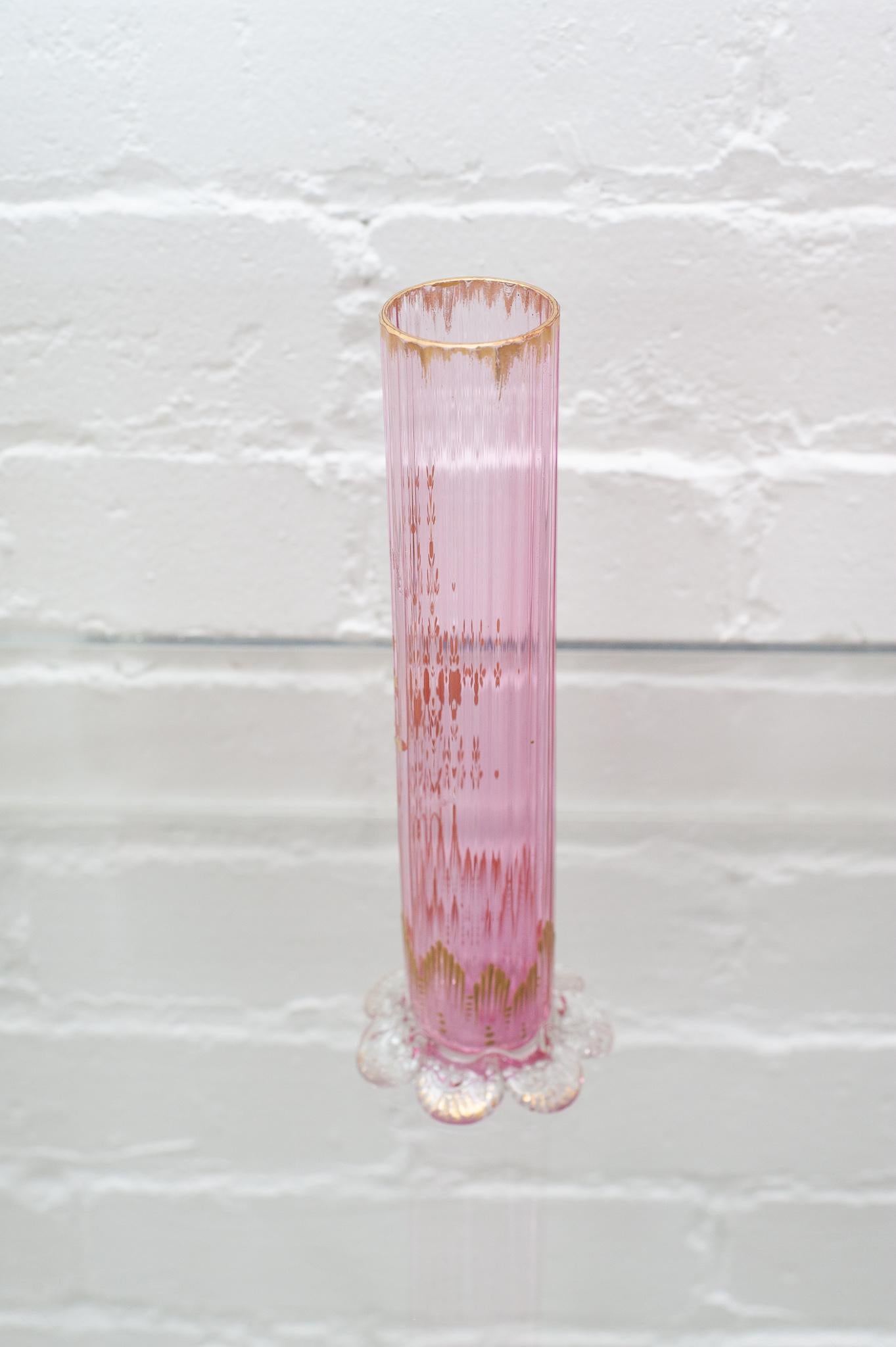 Gilt Antique Moser Light Pink Straight Bud Vase with Floral Gilding For Sale