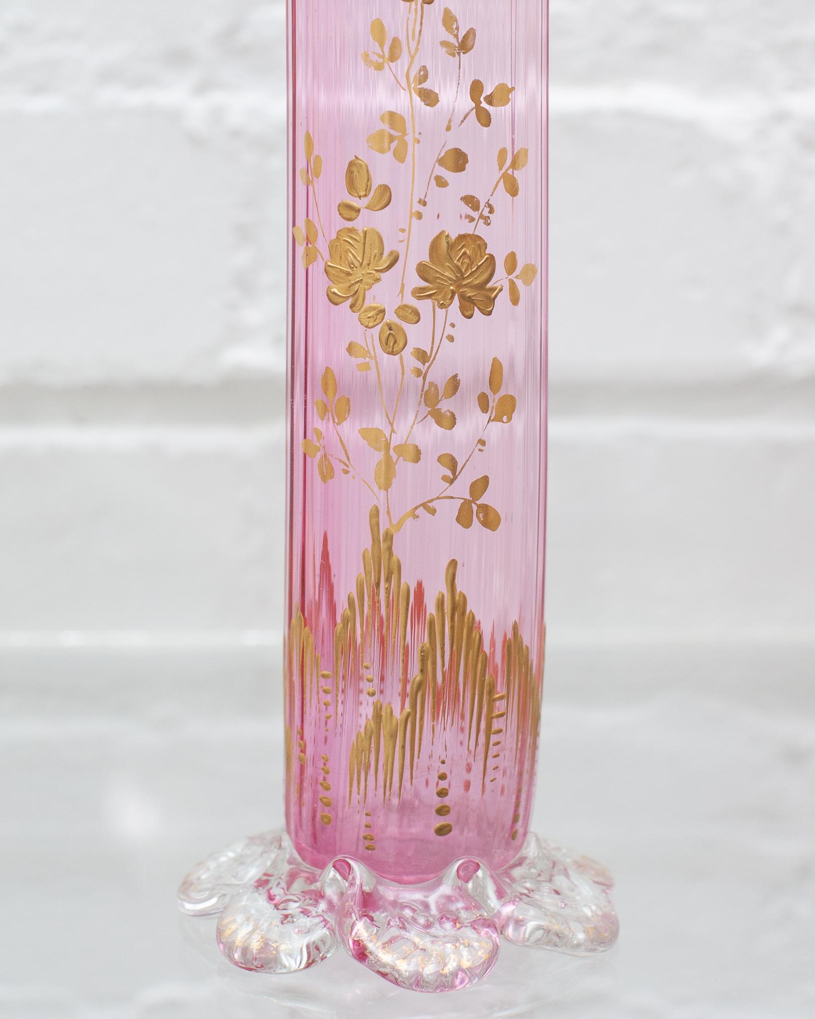 Antique Moser Light Pink Straight Bud Vase with Floral Gilding In Good Condition For Sale In Toronto, ON