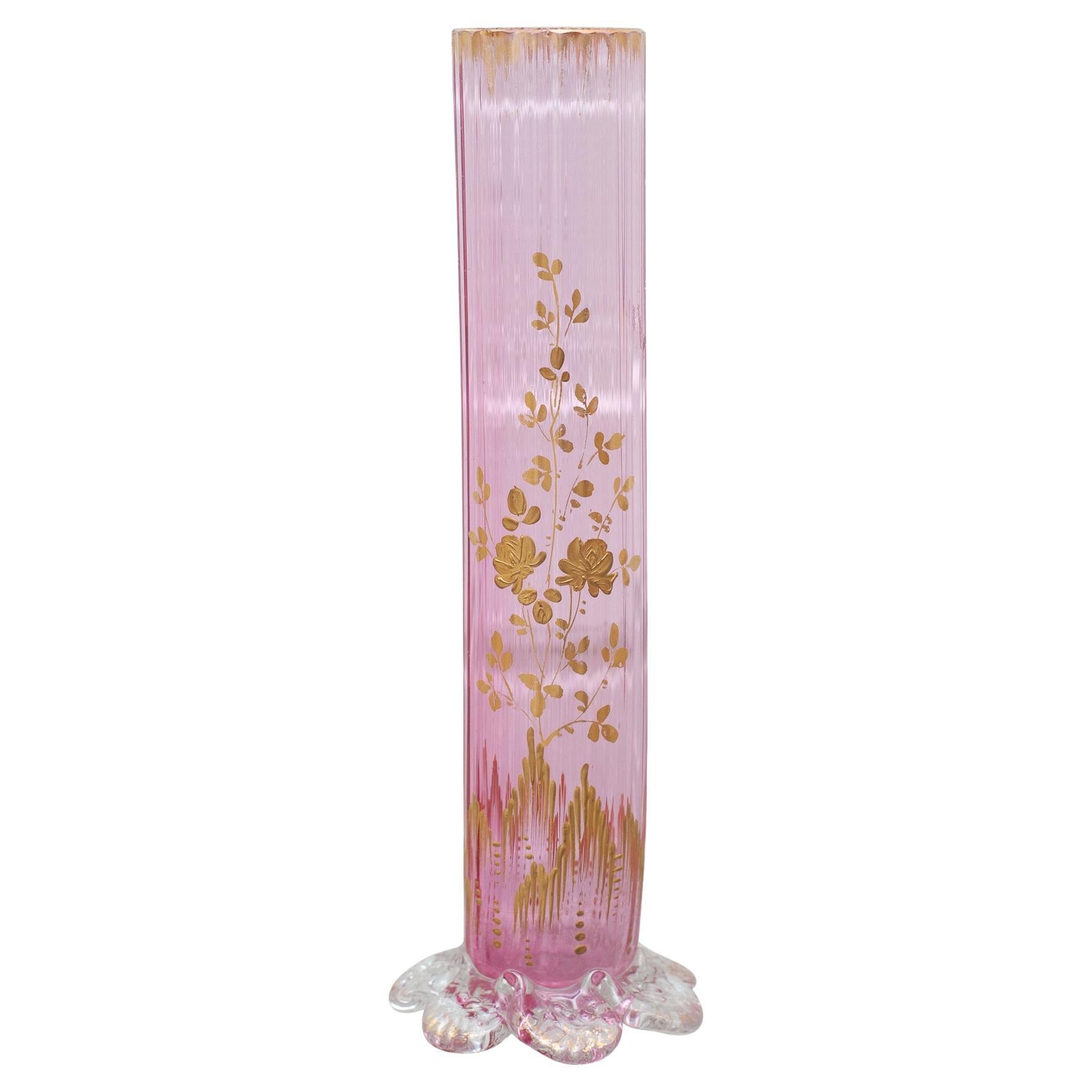 Antique Moser Light Pink Straight Bud Vase with Floral Gilding For Sale