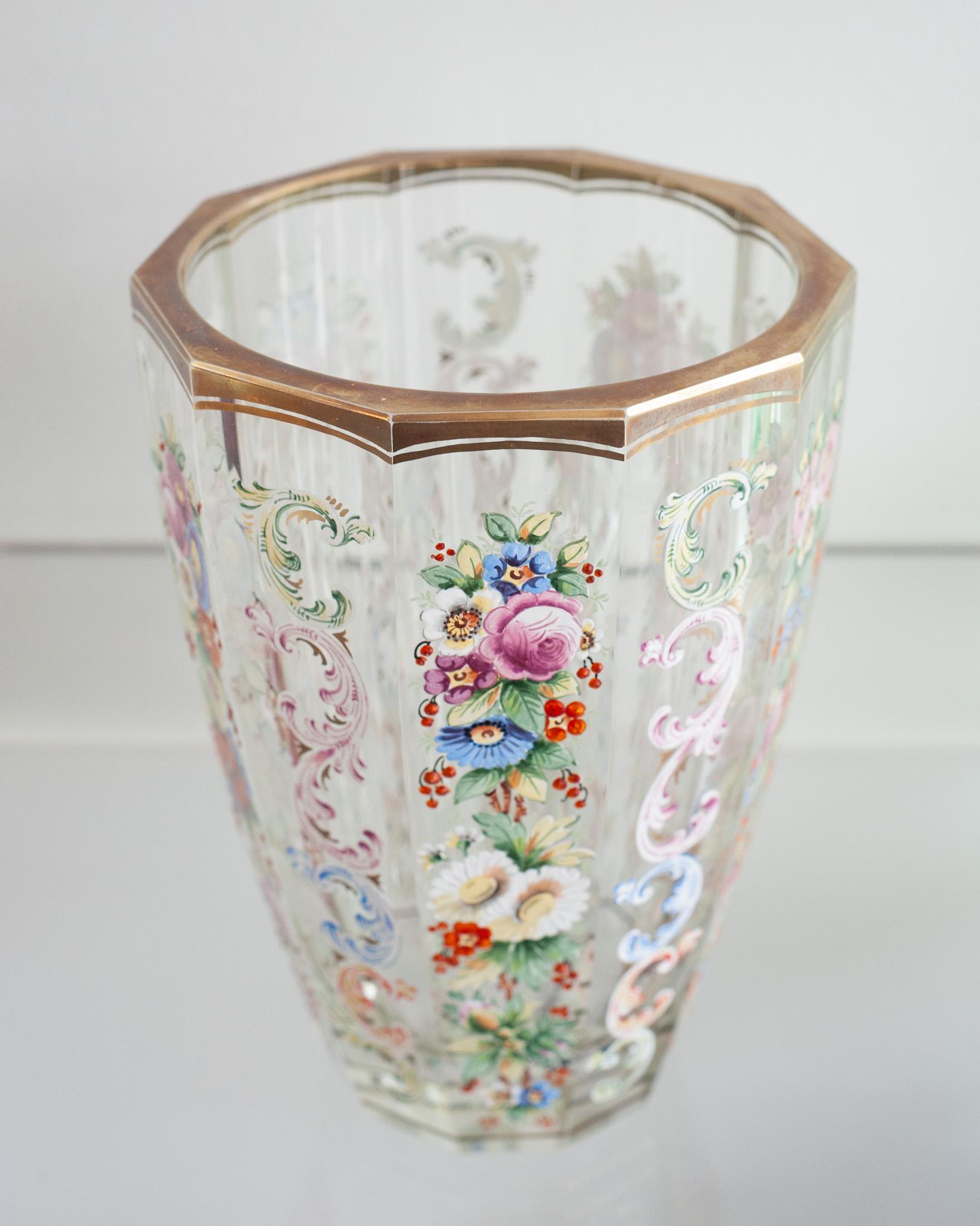 Czech Antique Moser Multicolored Hand Painted Floral and Gilt Vase For Sale