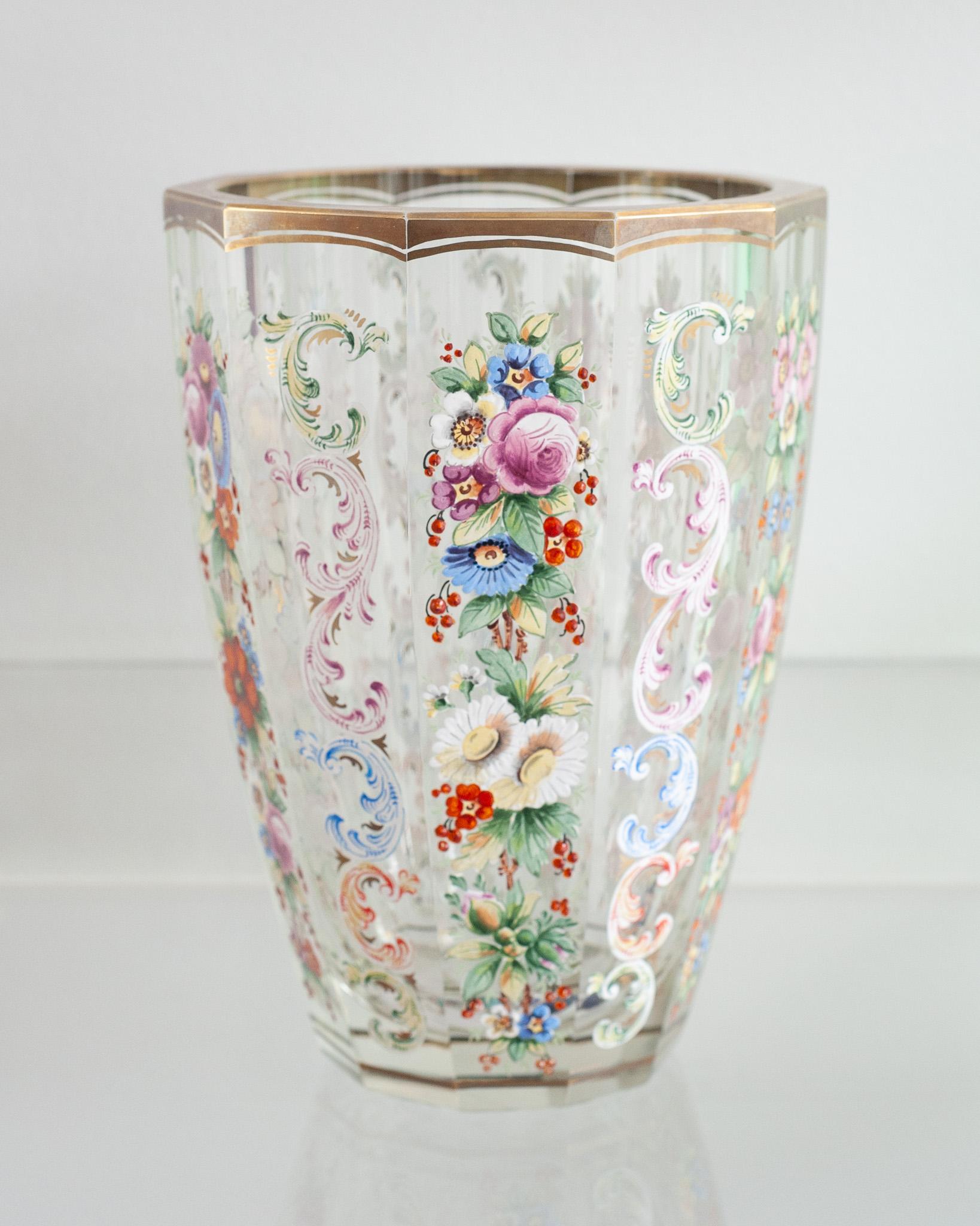 Antique Moser Multicolored Hand Painted Floral and Gilt Vase In Good Condition For Sale In Toronto, ON