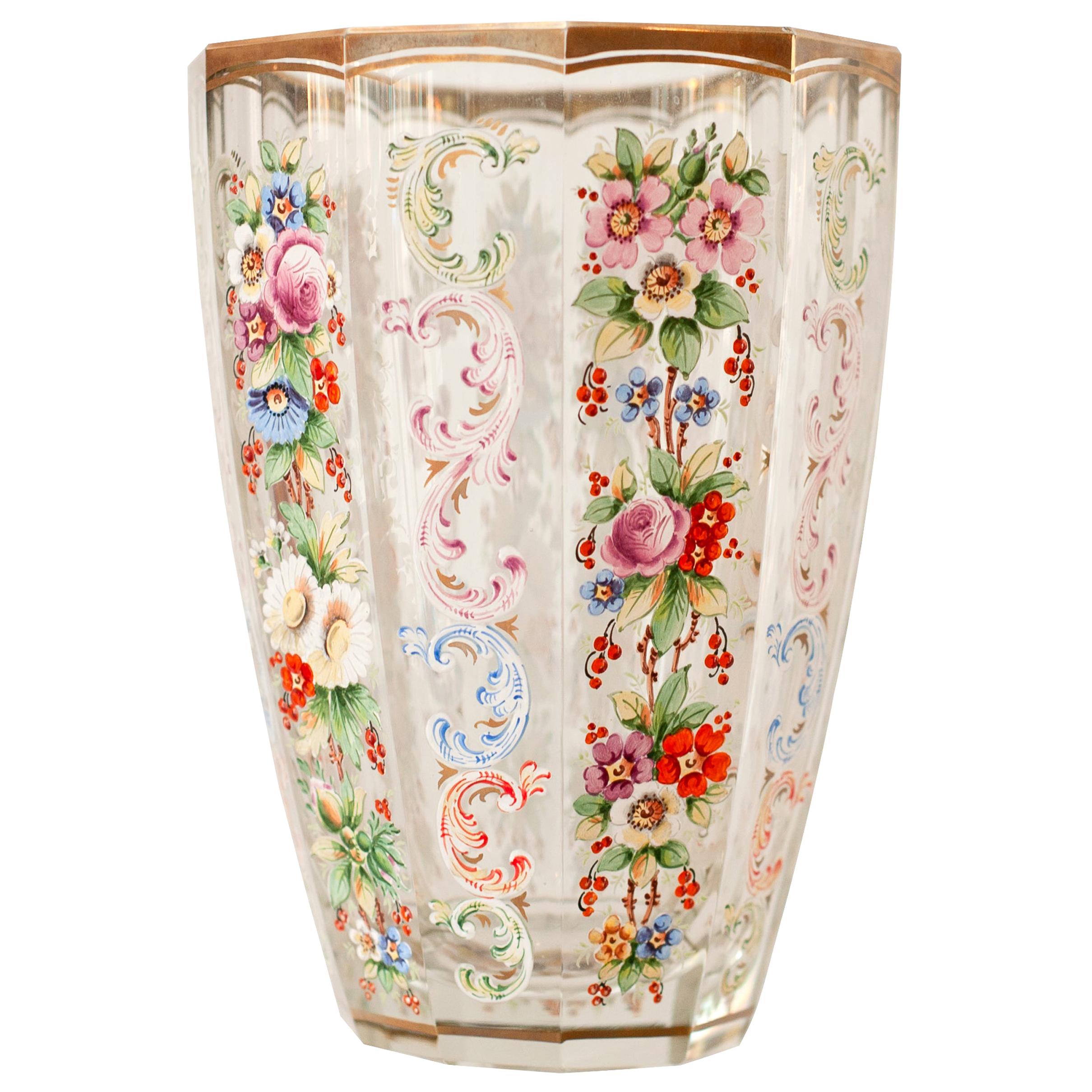 Antique Moser Multicolored Hand Painted Floral and Gilt Vase For Sale